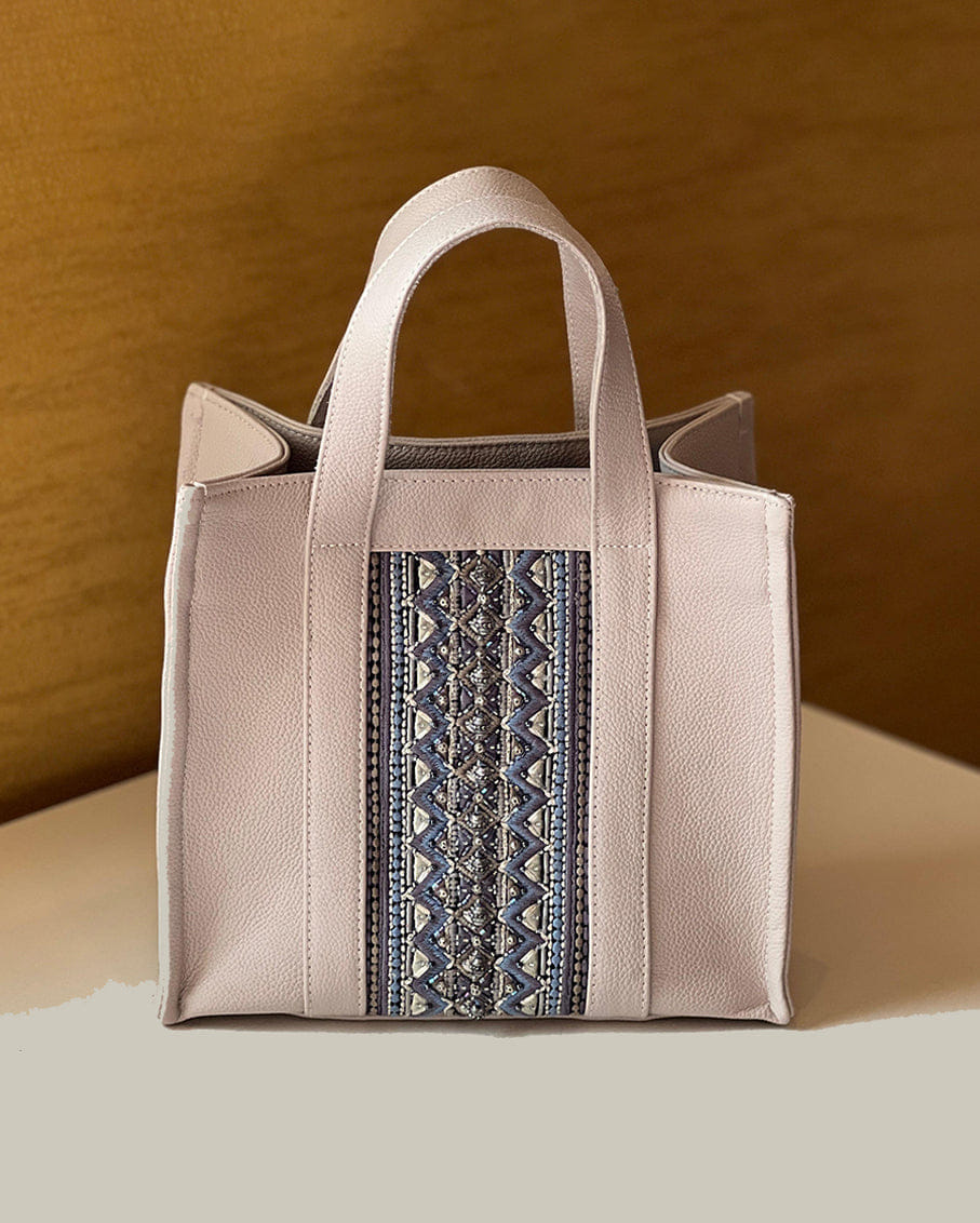 Bayanah Brand Limited - Edition Mini Leather Tote Bag with Metallic Silver Embroidery