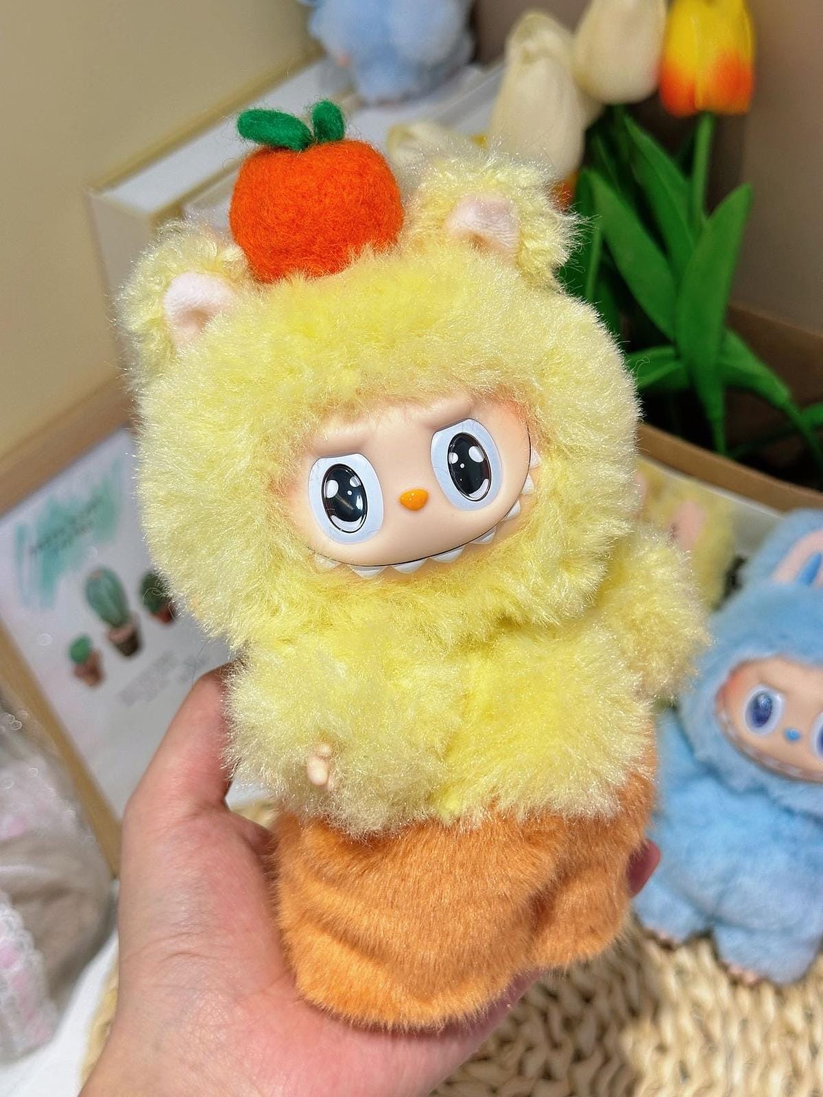 Handmade Capybara Labubu Inspired Plush Doll – Yellow Fluffy Costume with Orange Hat, Cute Fan Art Collectible Gift