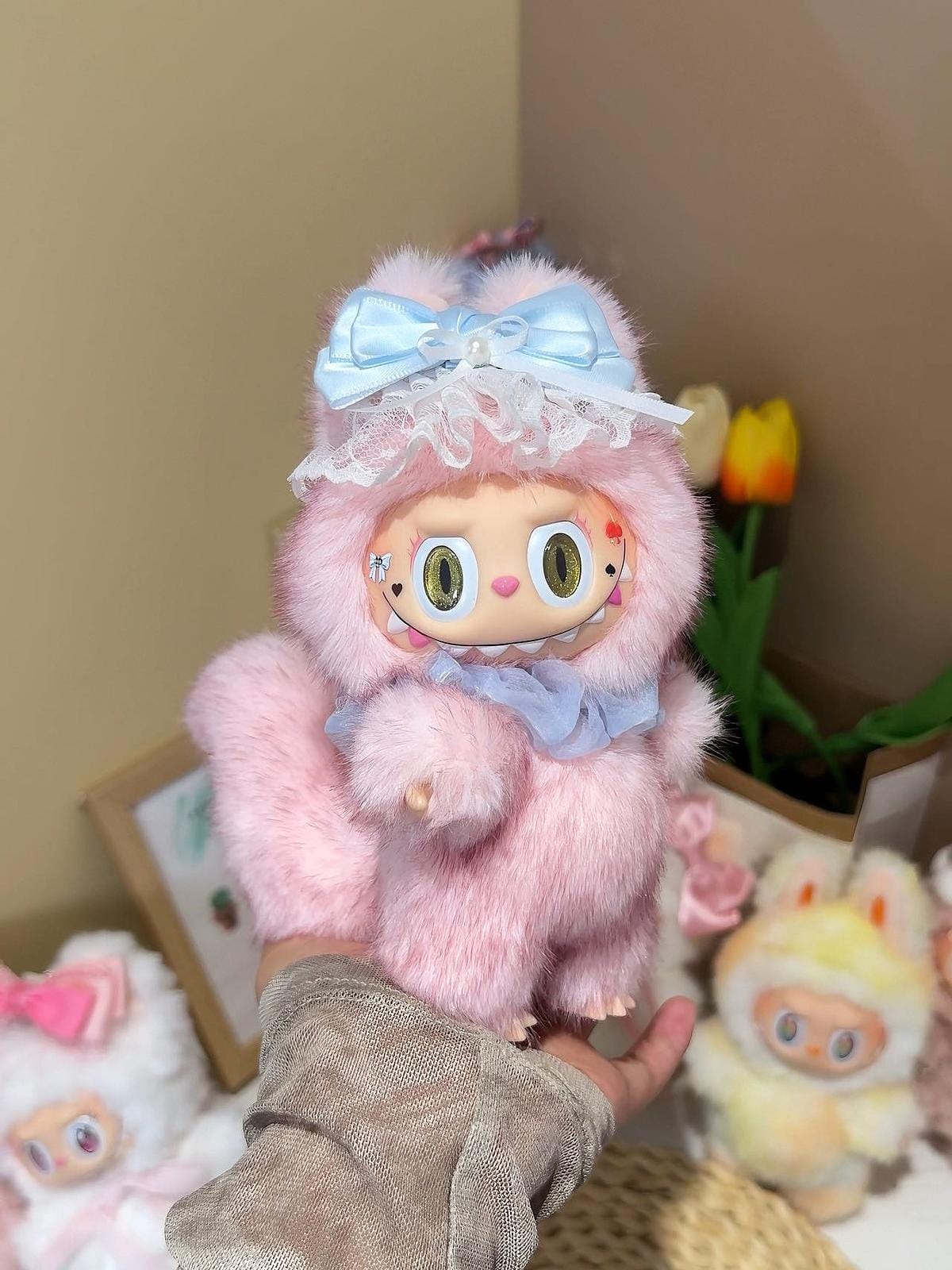 Handmade Alice in Wonderland Labubu Inspired Plush Doll – Pink Fluffy Costume with Blue Bow, Fantasy Fan Art Collectible