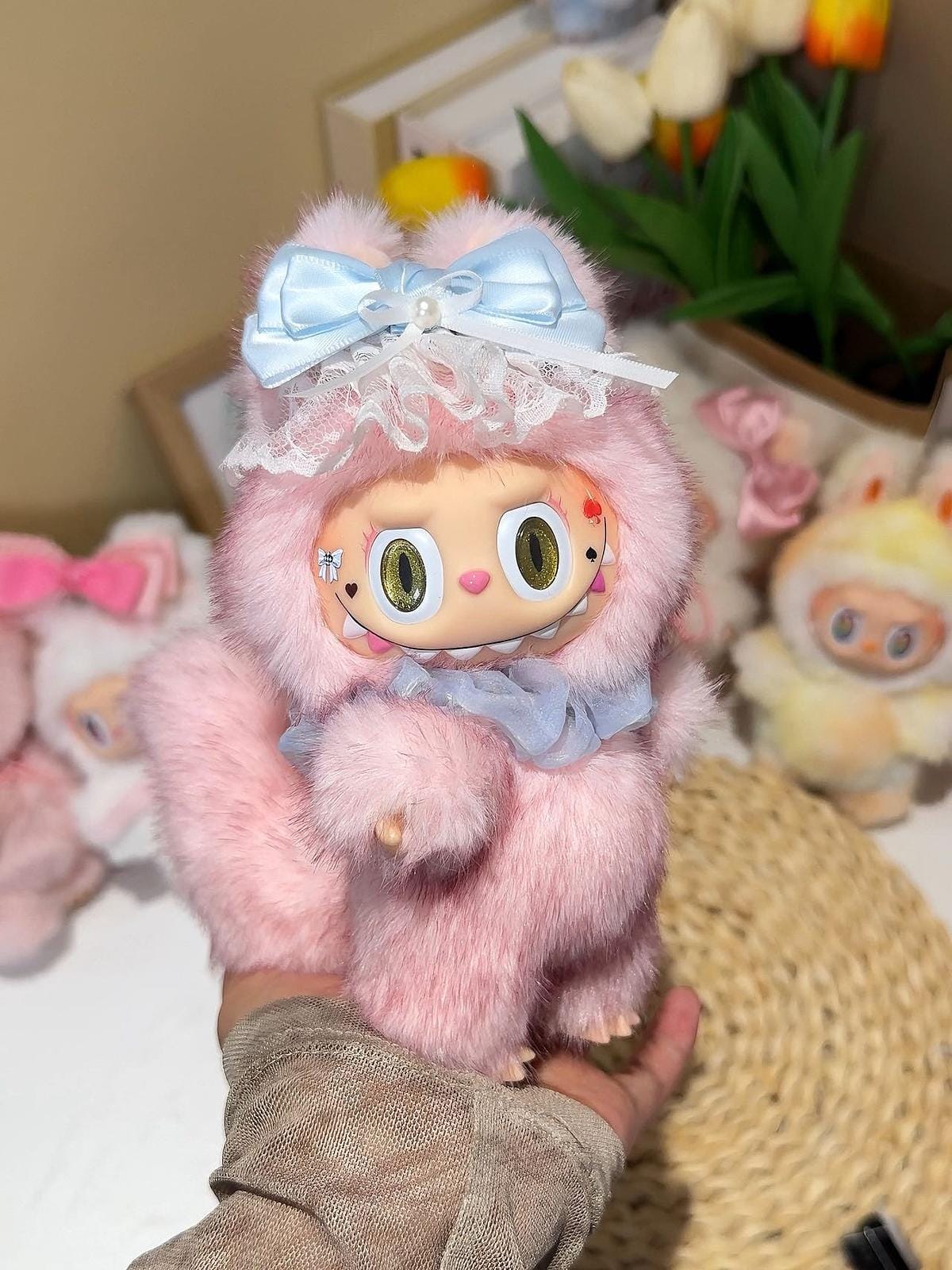 Handmade Alice in Wonderland Labubu Inspired Plush Doll – Pink Fluffy Costume with Blue Bow, Fantasy Fan Art Collectible