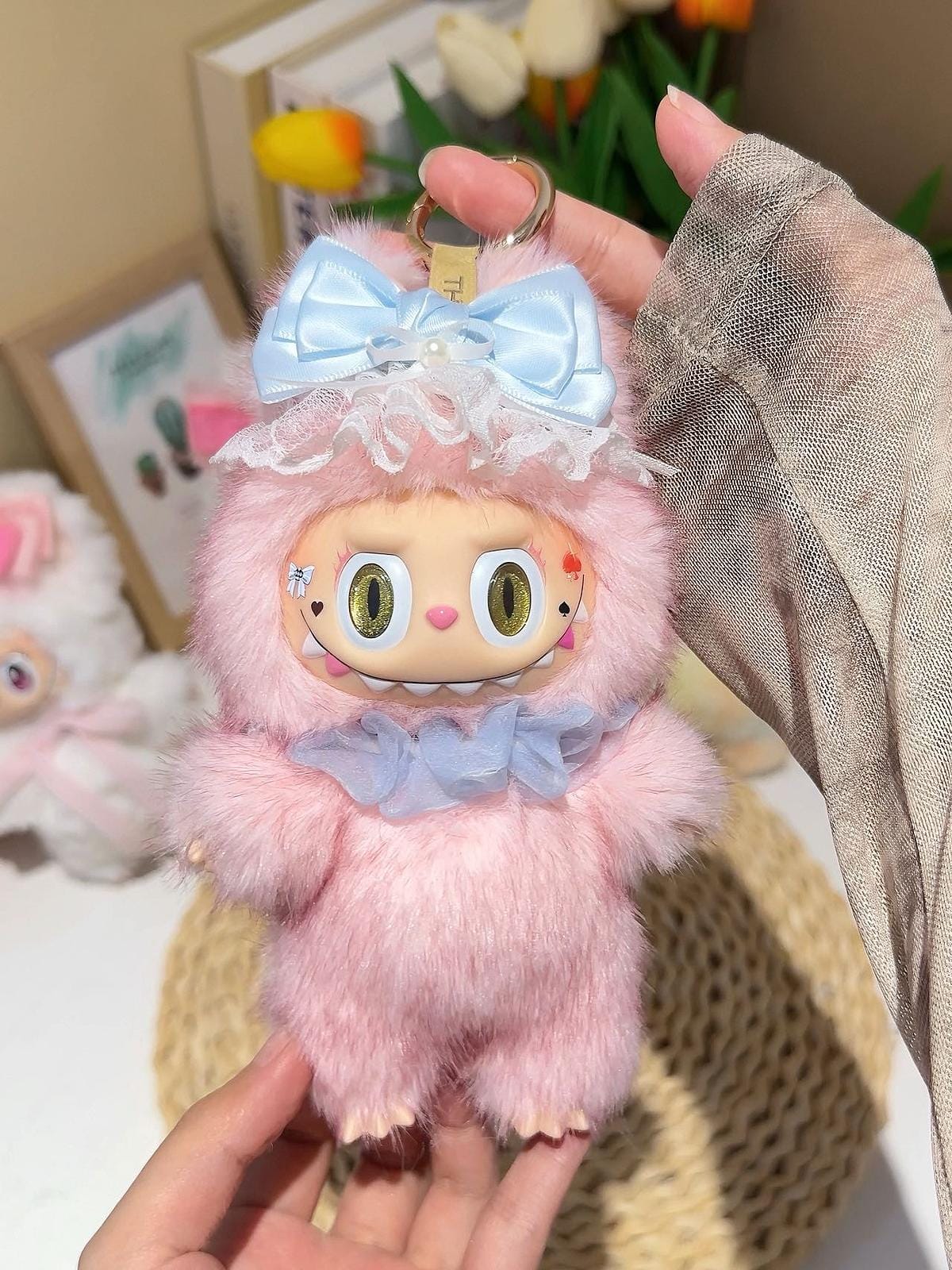 Handmade Alice in Wonderland Labubu Inspired Plush Doll – Pink Fluffy Costume with Blue Bow, Fantasy Fan Art Collectible