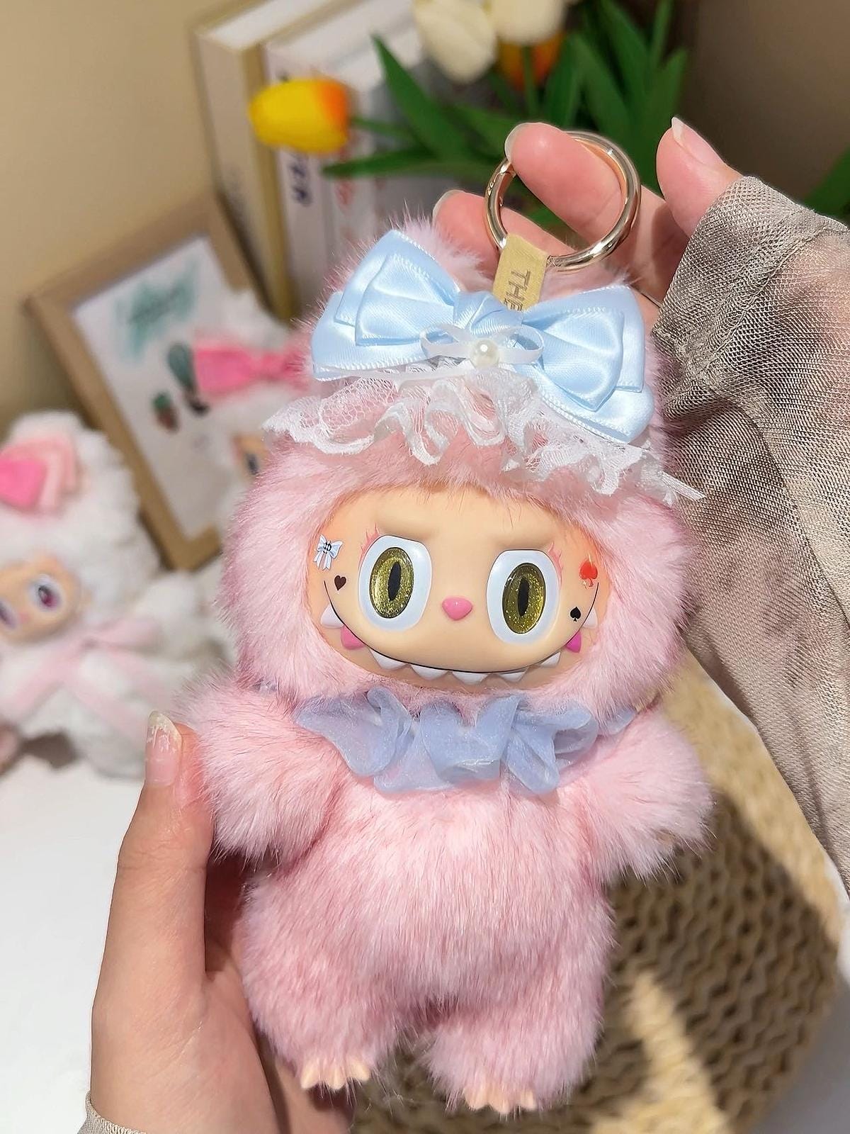 Handmade Alice in Wonderland Labubu Inspired Plush Doll – Pink Fluffy Costume with Blue Bow, Fantasy Fan Art Collectible