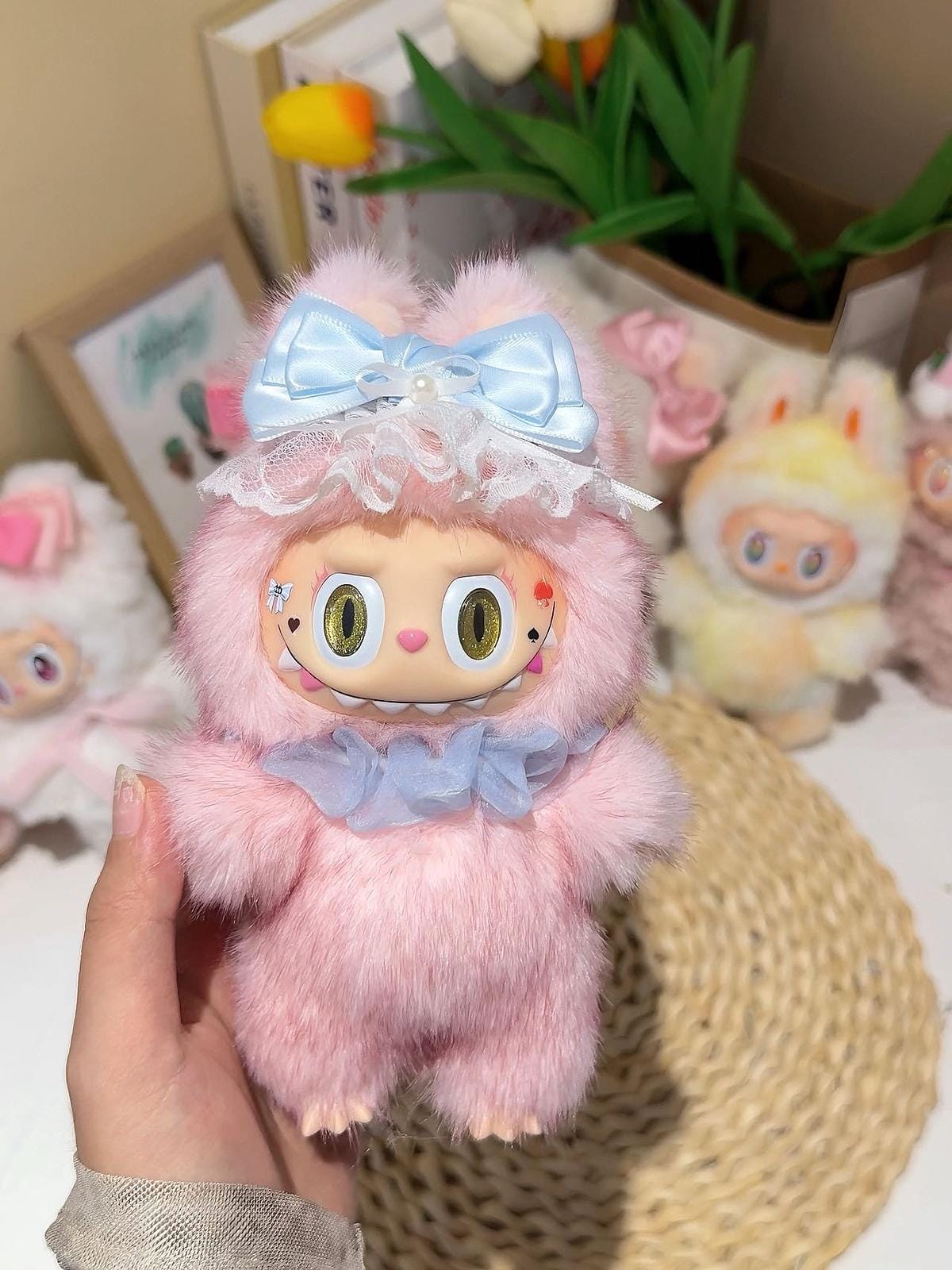 Handmade Alice in Wonderland Labubu Inspired Plush Doll – Pink Fluffy Costume with Blue Bow, Fantasy Fan Art Collectible