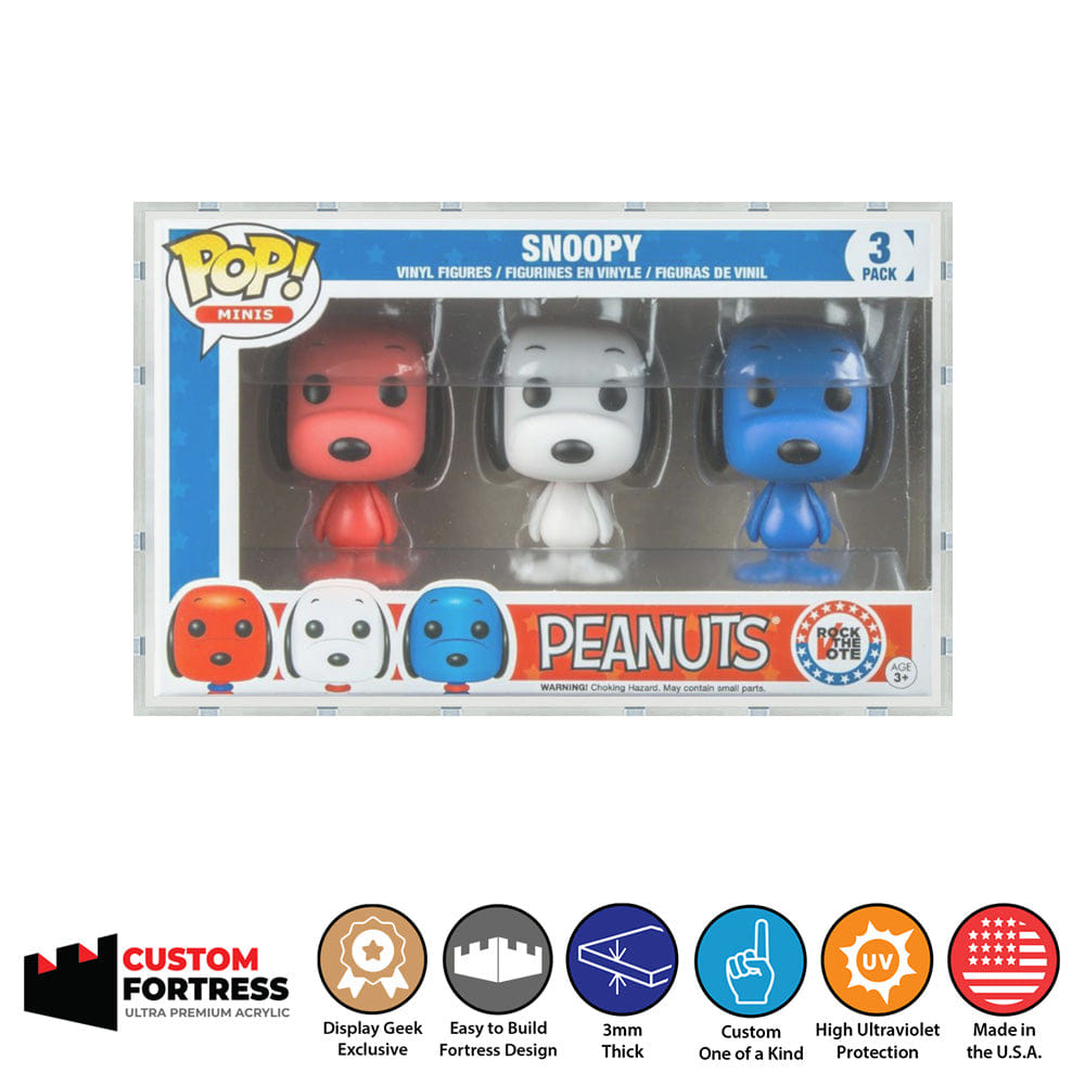 Flying Box Custom Acrylic Hard Case for 3 - Pack Snoopy Rock the Vote Funko Pop Mini Grail Box (3 mm thick, UV Resistant) Fits 4.5h x 7.25w x 2.6d