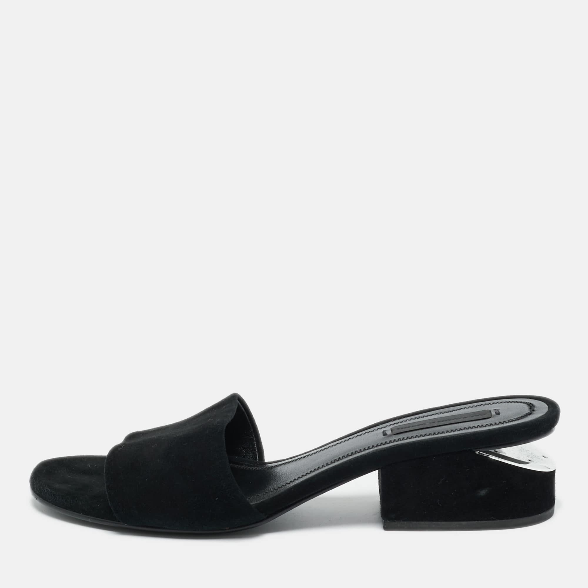 Alexander Wang Black Suede Cut - Out Block Heel Slide Sandals