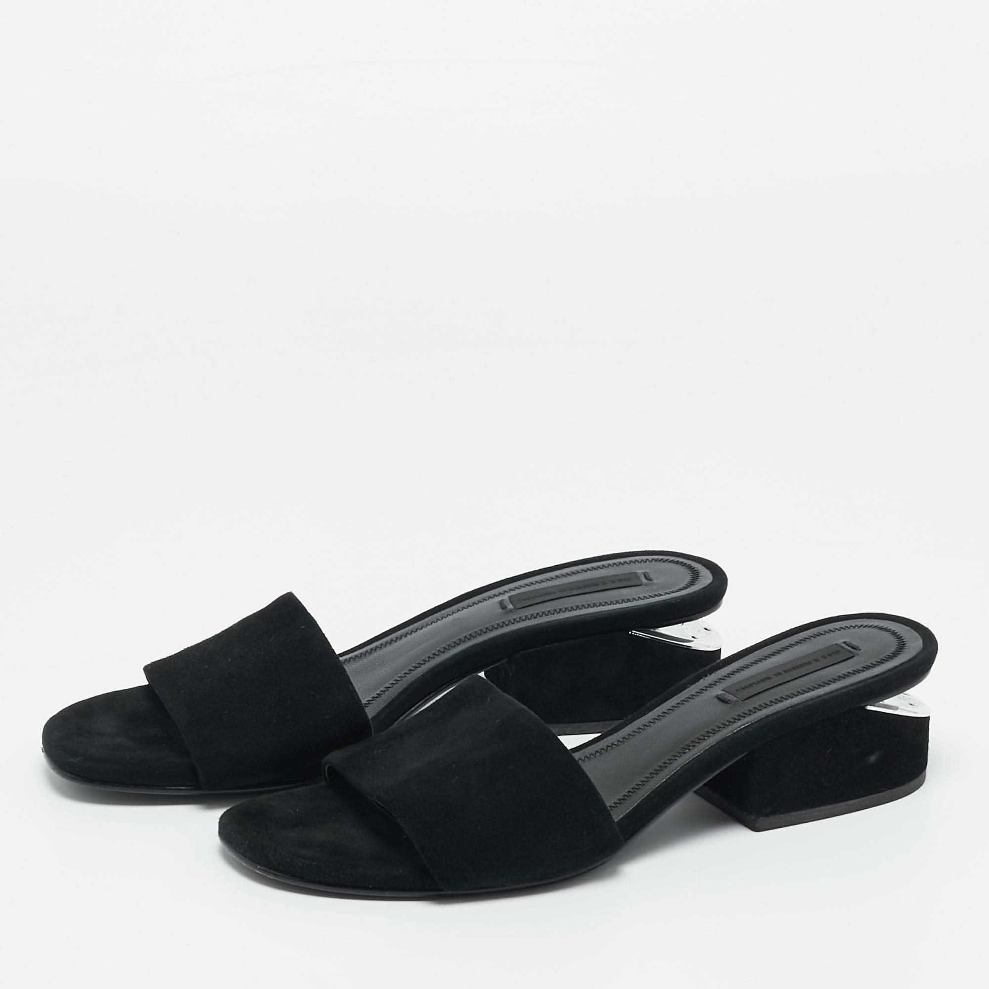 Alexander Wang Black Suede Cut - Out Block Heel Slide Sandals