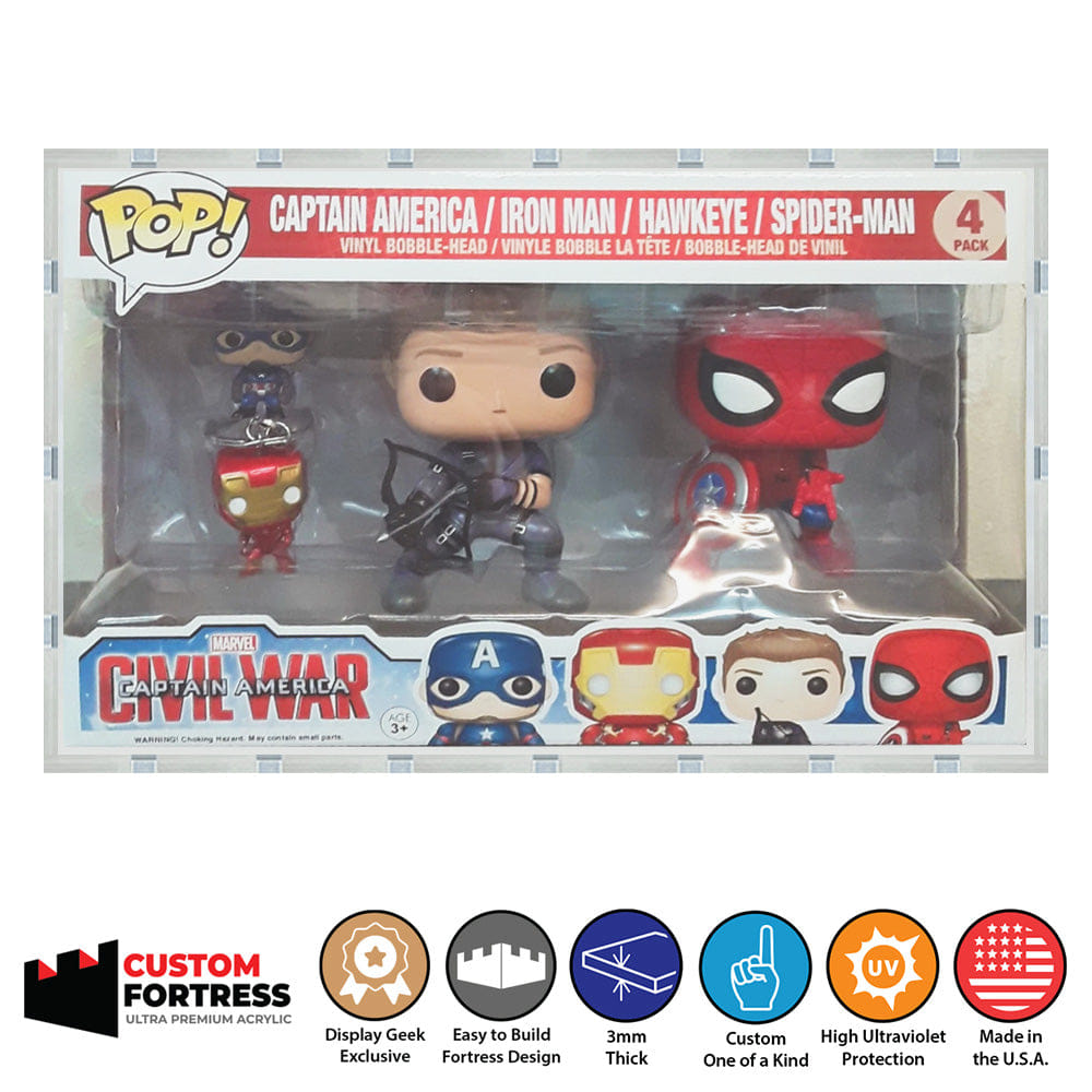 Flying Box Custom Acrylic Hard Case for 4 PACK CIVIL WAR Funko Pop Grail Boxes (3 mm thick, UV Resistant) Fits 6.25h x 10w x 3.5d