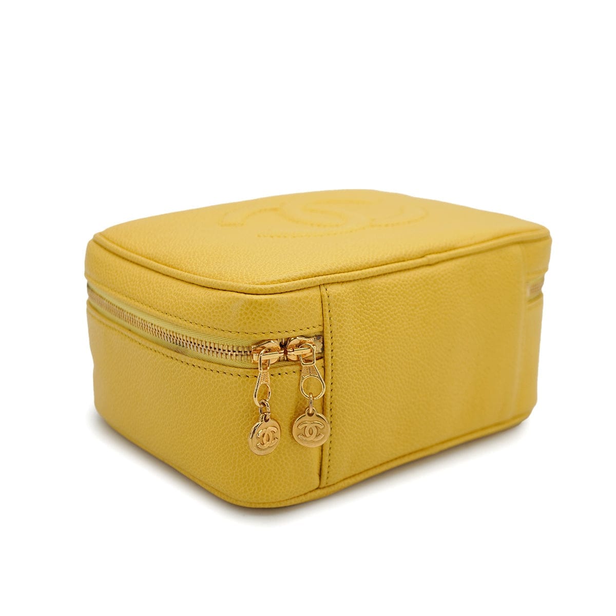 VINTAGE CHANEL VANITY HAND SHUOLDER BAG YELLOW CAVIAR SKIN GOLD HARDWARE 90335288