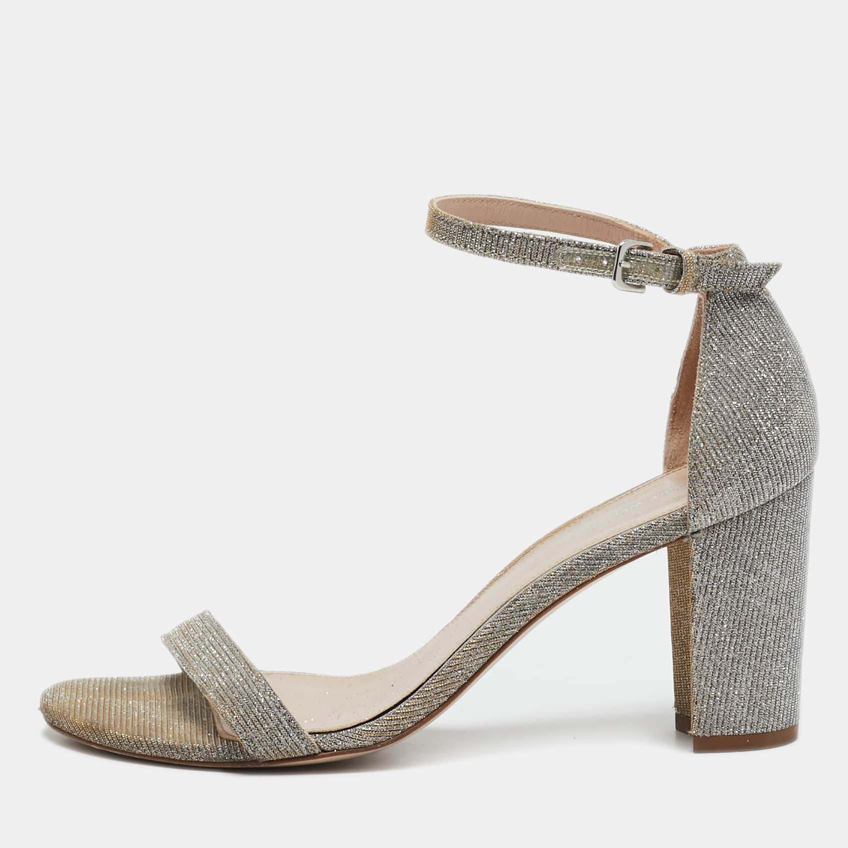 Stuart Weitzman Grey Lurex Fabric Ankle Strap Sandals