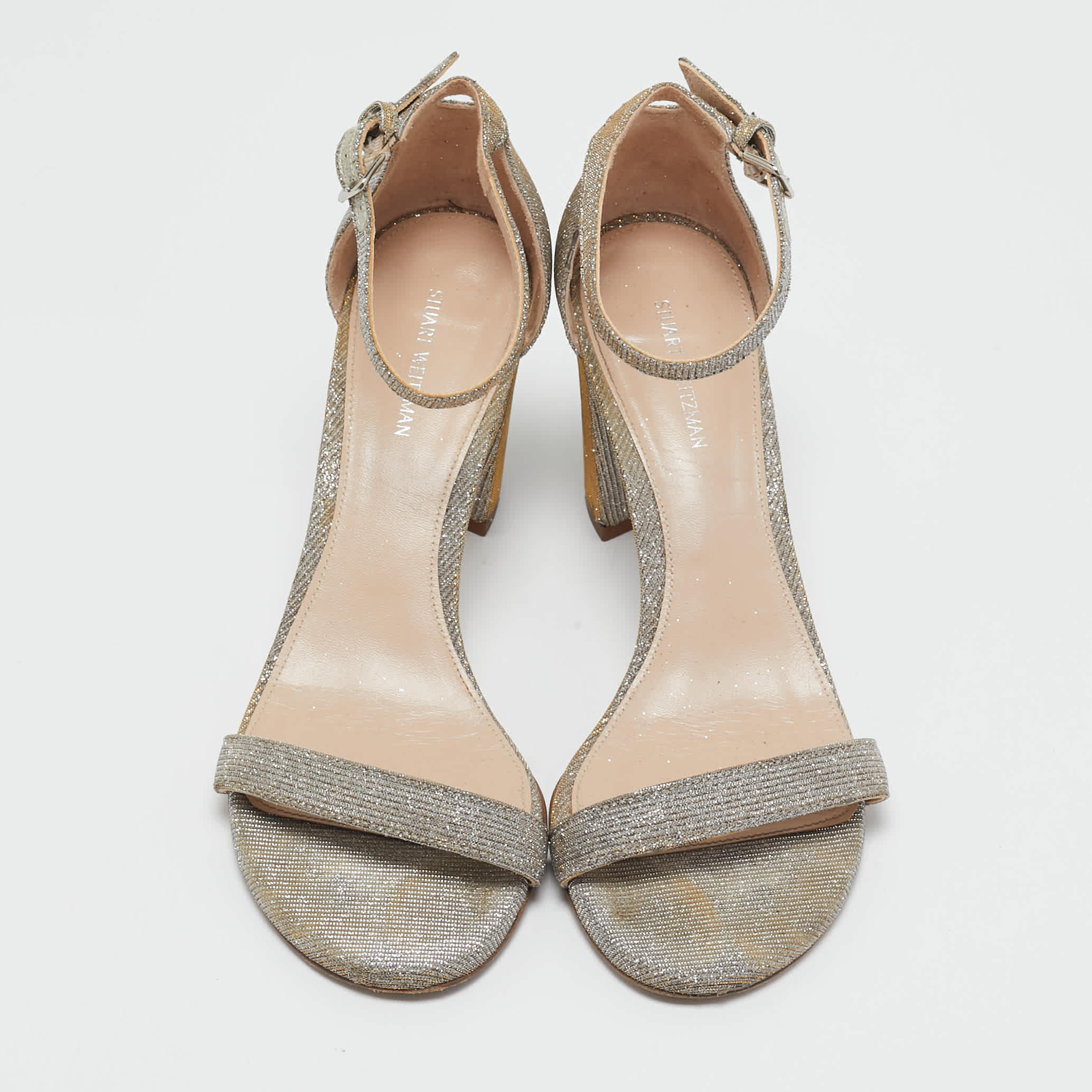 Stuart Weitzman Grey Lurex Fabric Ankle Strap Sandals