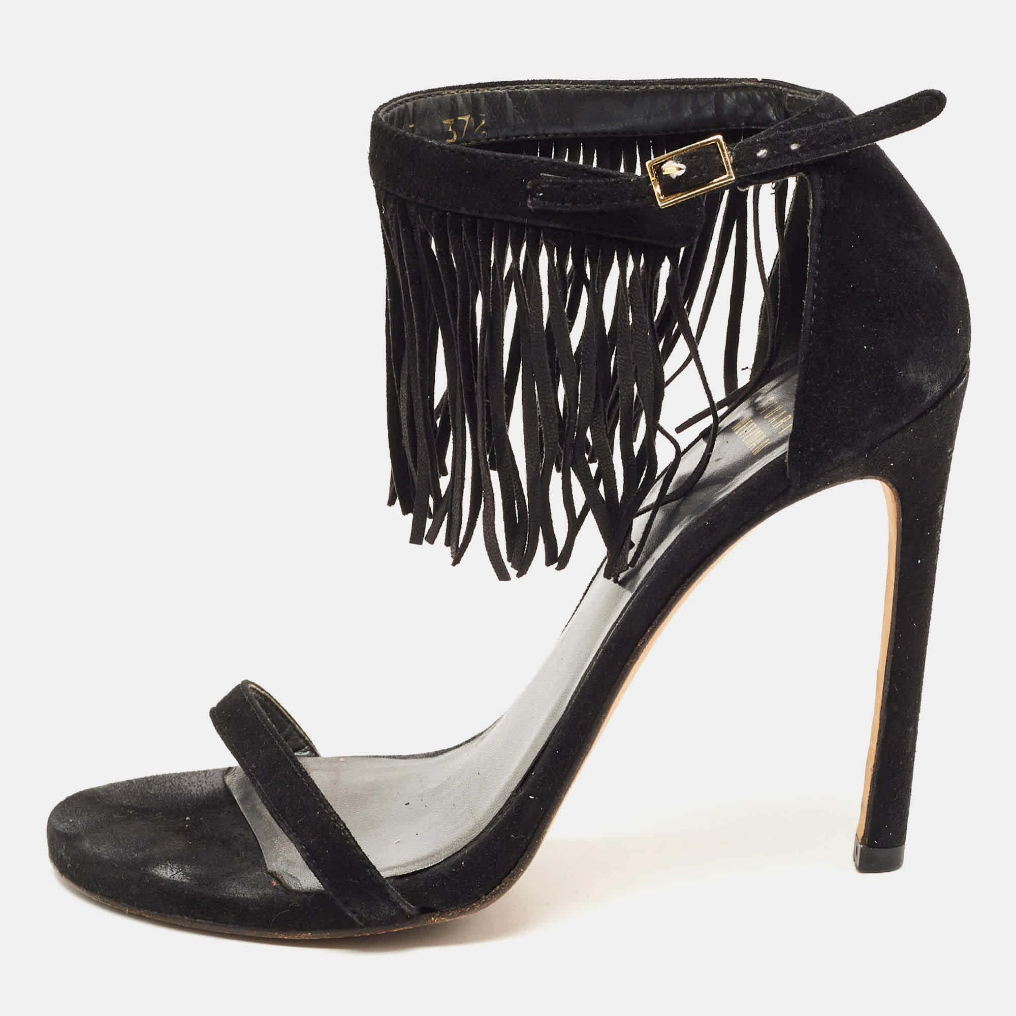 Stuart Weitzman Black Suede Love Fringe Ankle Strap Sandals