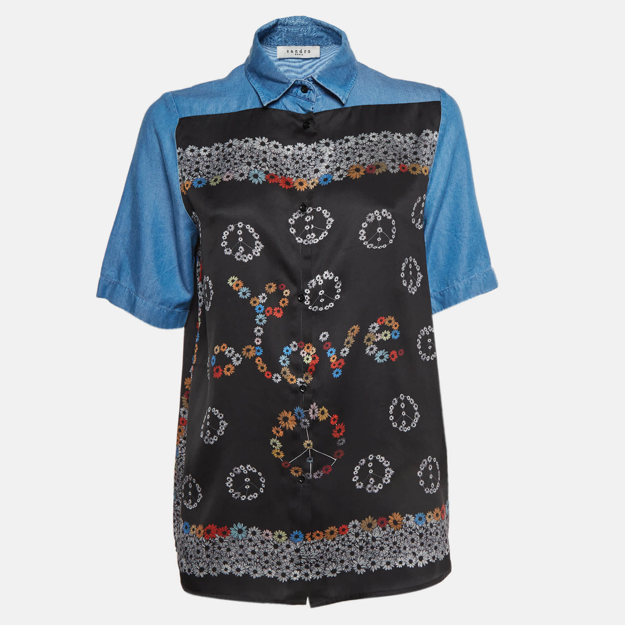 Sandro Multicolor Printed Chambray Short Sleeve Top
