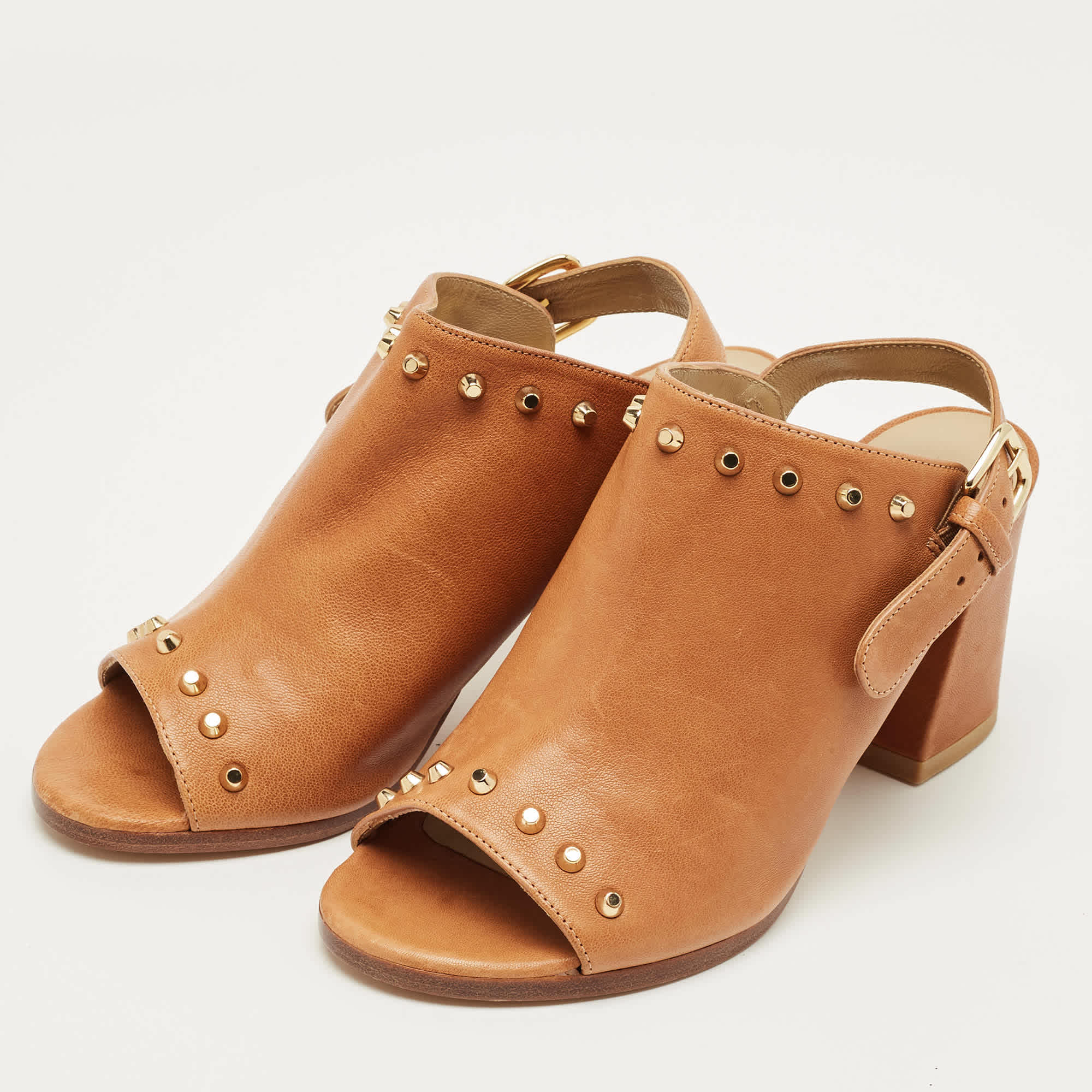 Stuart Weitzman Brown Leather Studded Slingback Sandals