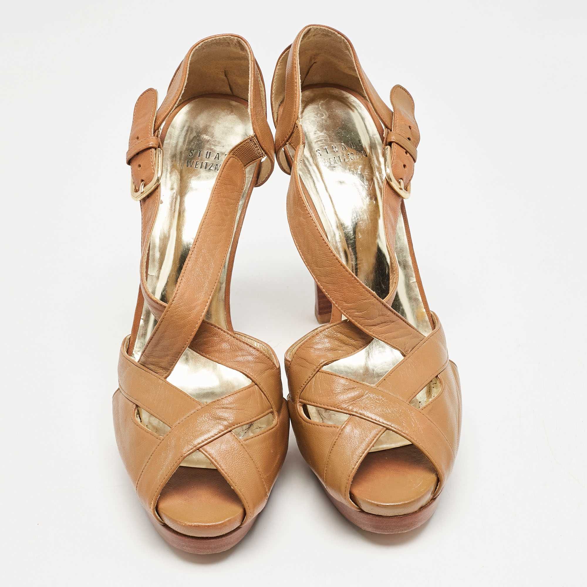 Stuart Weitzman Brown Leather Ankle Strap Peep Toe Sandals
