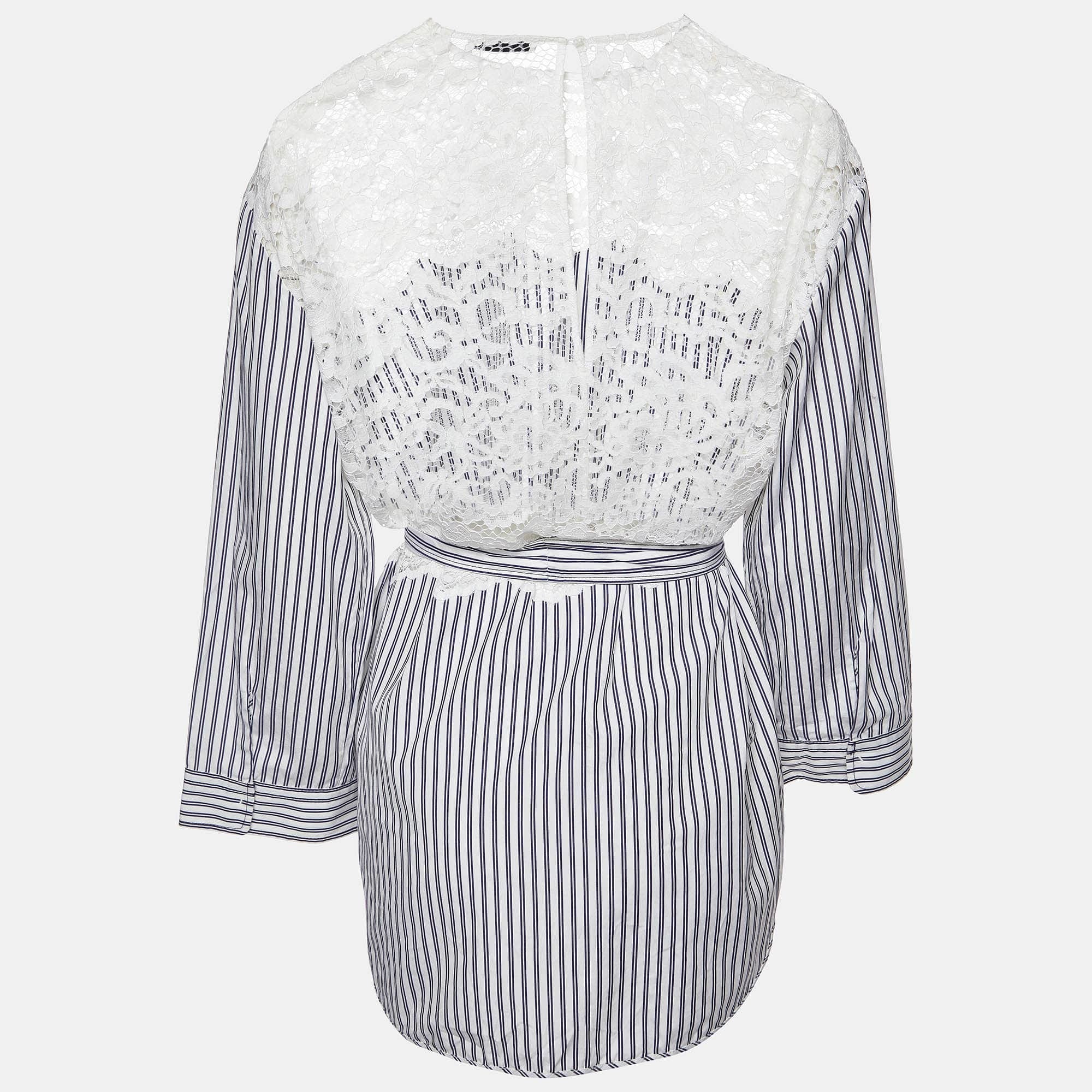 Sandro White/blue Striped Cotton Lace Trim Dorothee Top