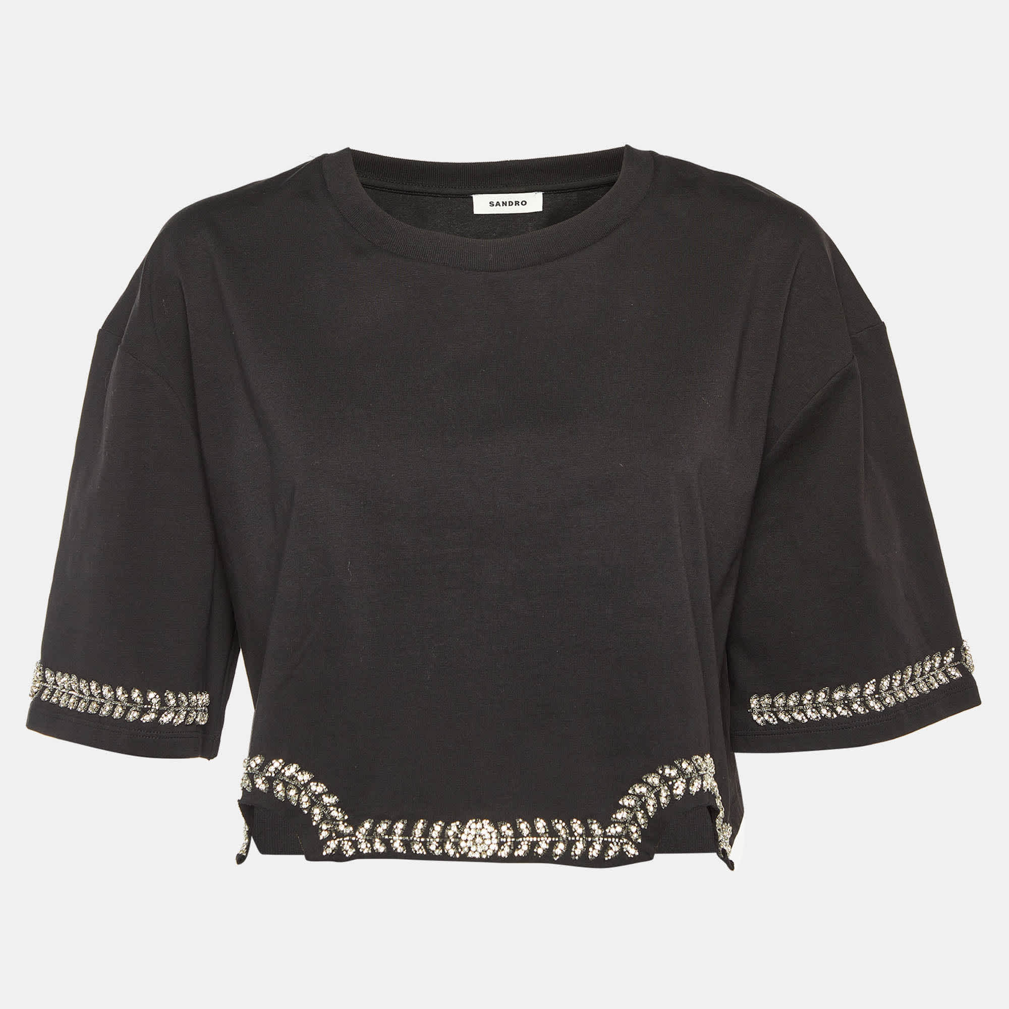 Sandro Black Cotton Rhinestone Embellished Larry Crop Top