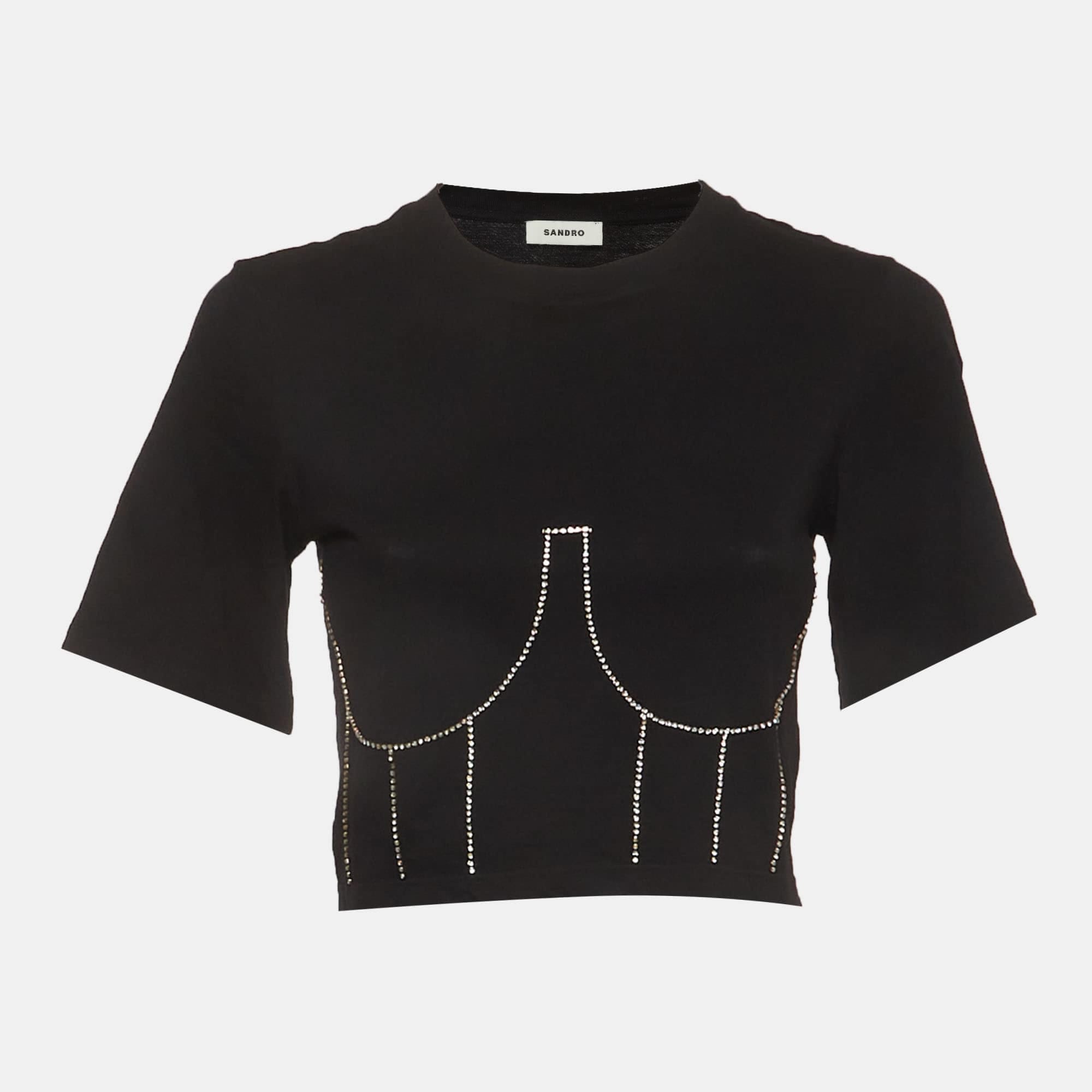 Sandro Black Rhinestone Embellished Knit Strassy Bustier Crop Top