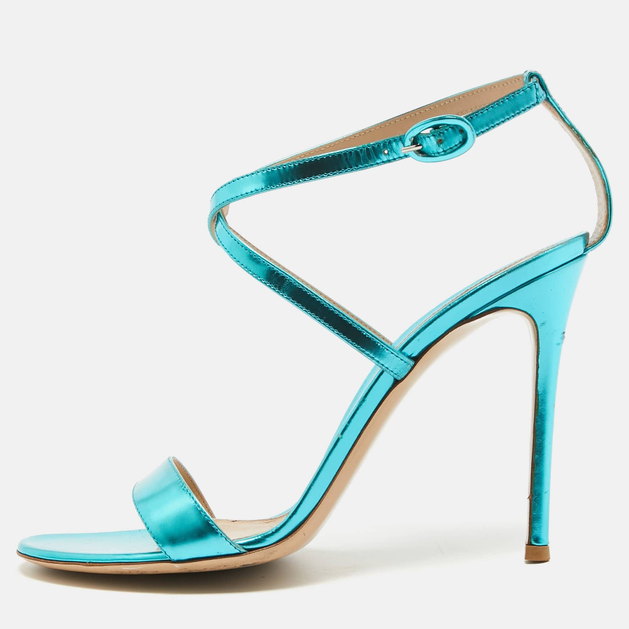 Gianvito Rossi Metallic Blue Leather Cross Ankle Strap Sandals