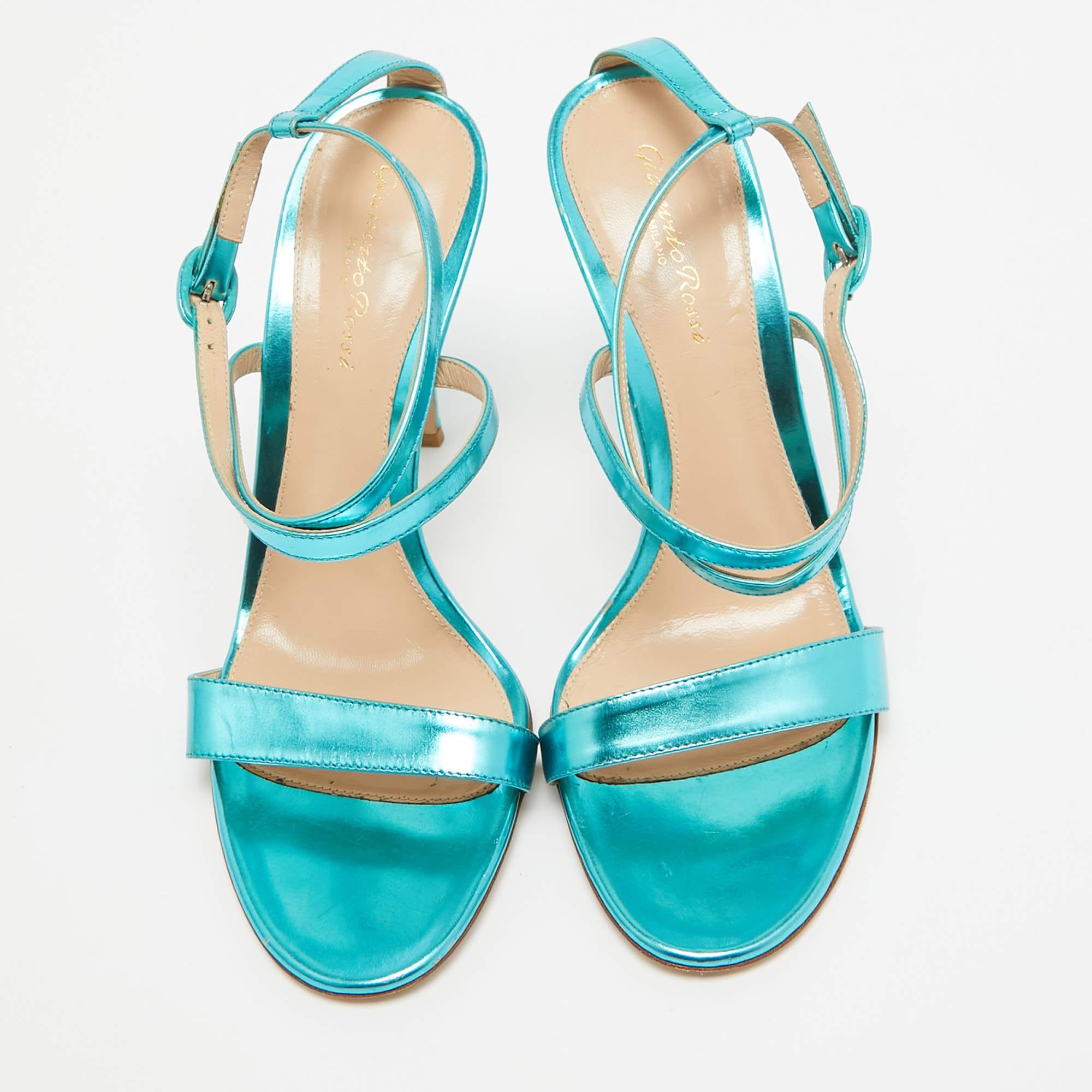 Gianvito Rossi Metallic Blue Leather Cross Ankle Strap Sandals
