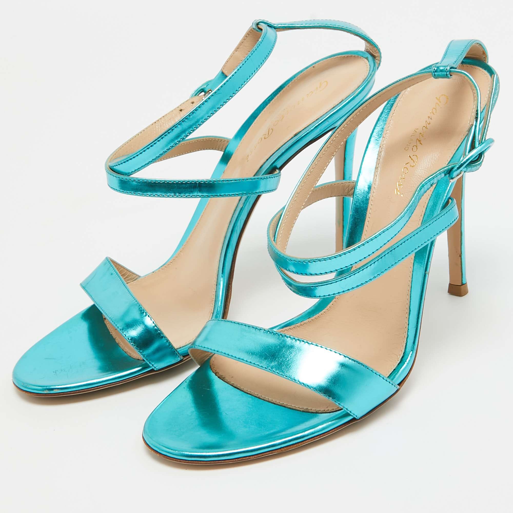 Gianvito Rossi Metallic Blue Leather Cross Ankle Strap Sandals