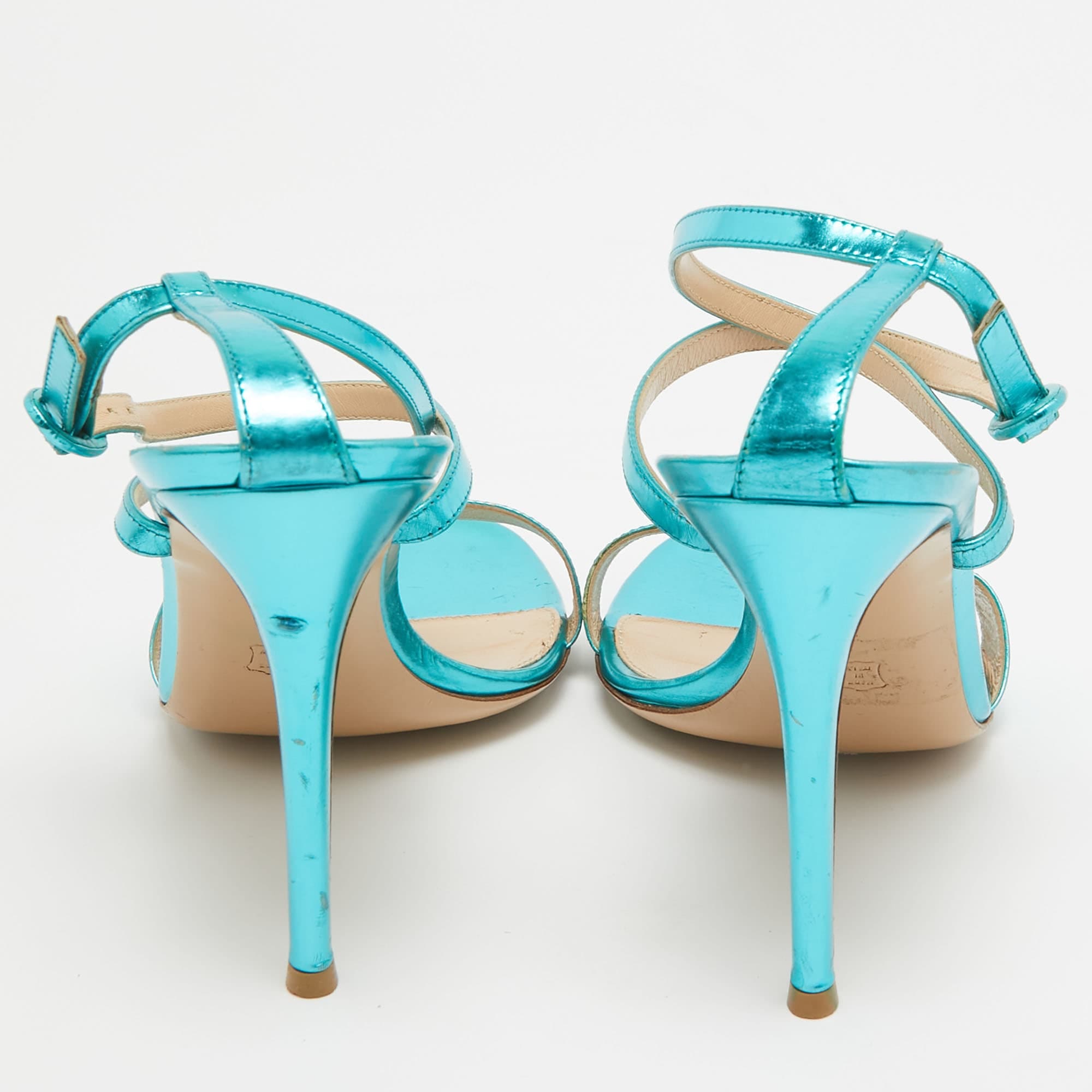 Gianvito Rossi Metallic Blue Leather Cross Ankle Strap Sandals