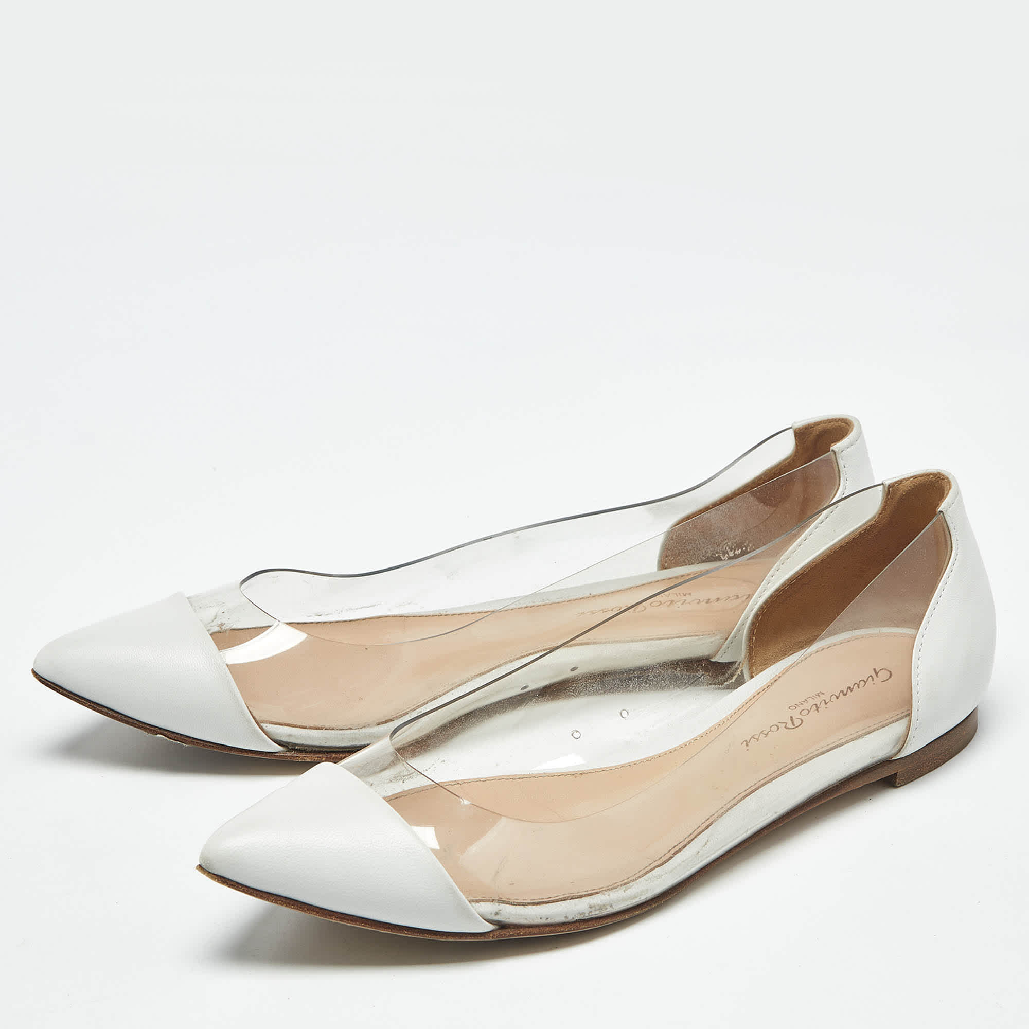 Gianvito Rossi White/transparent Leather And Pvc Plexi Pointed Toe Ballet Flats