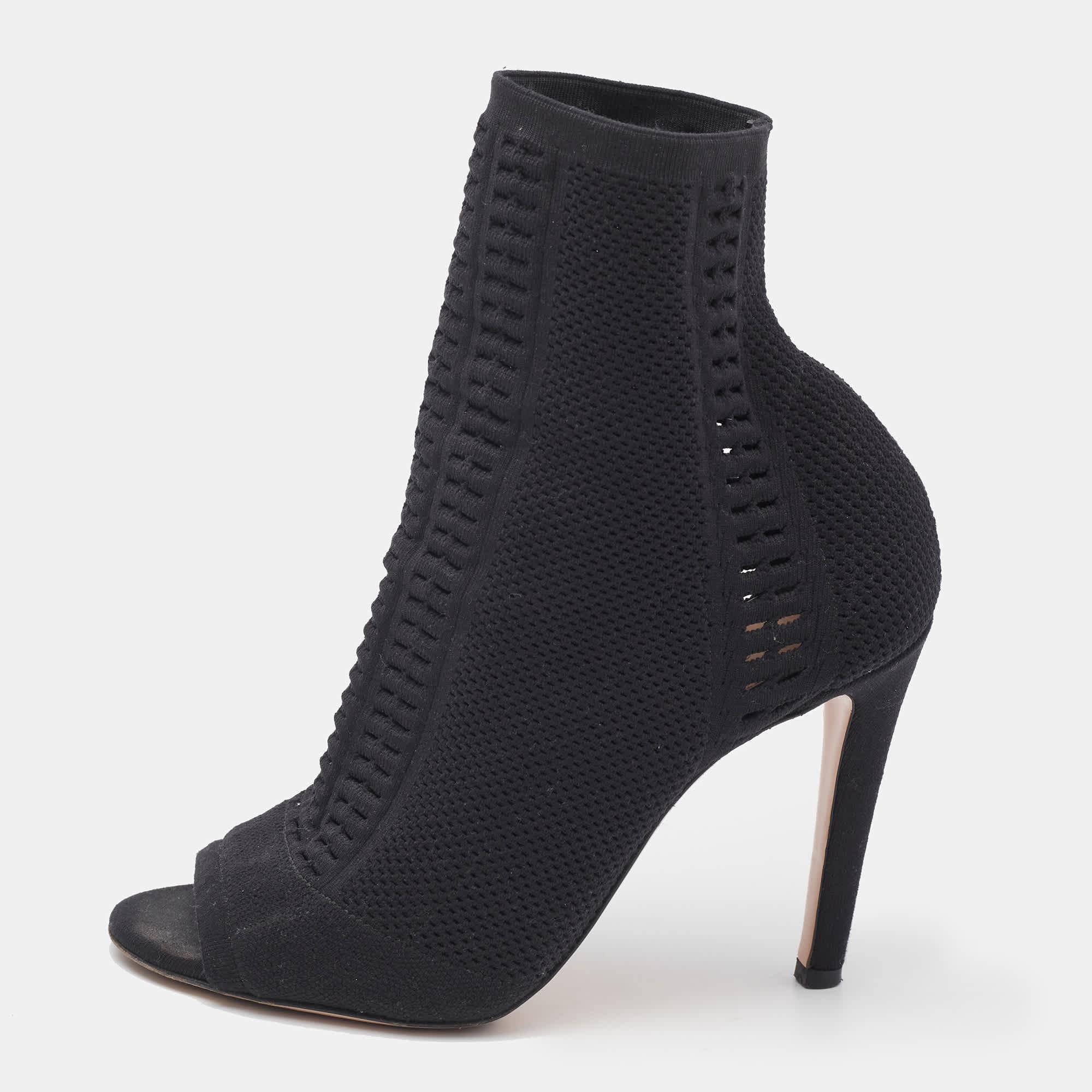 Gianvito Rossi Black Stretch Knit Vires Open Toe Ankle Length Boots