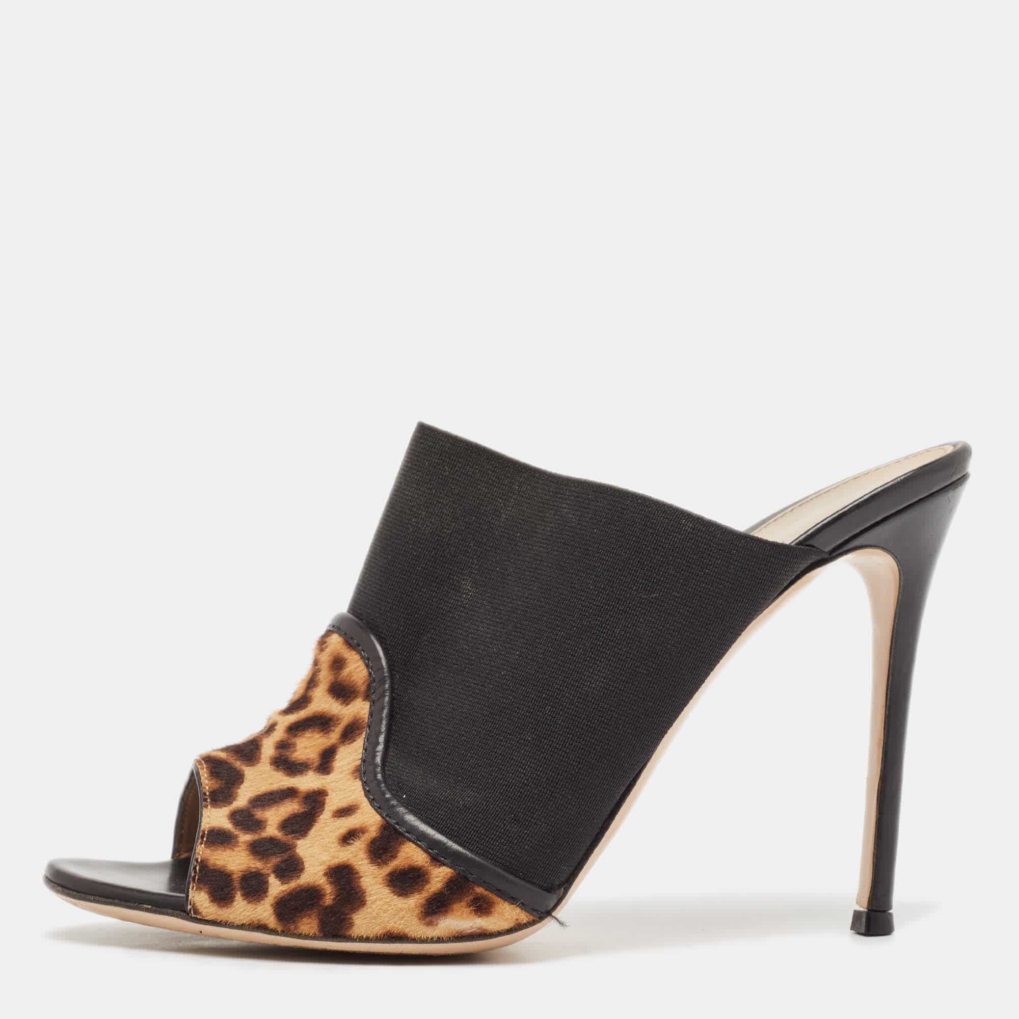Gianvito Rossi Brown/black Leopard Print Calf Hair And Fabric Mules