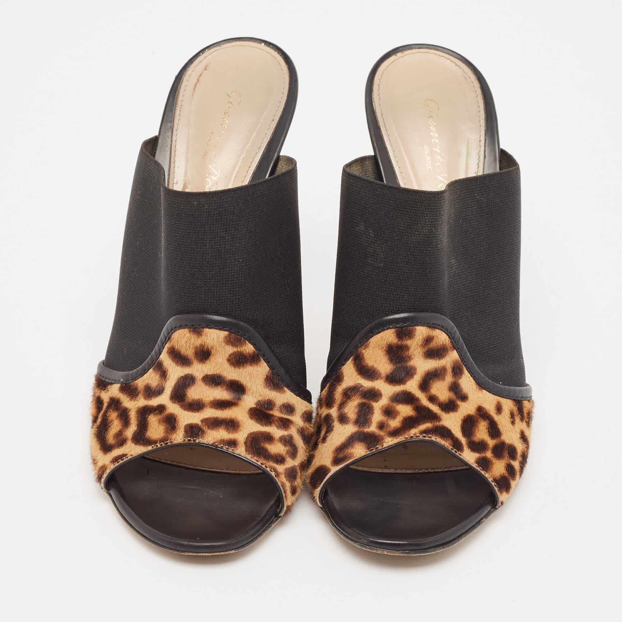 Gianvito Rossi Brown/black Leopard Print Calf Hair And Fabric Mules