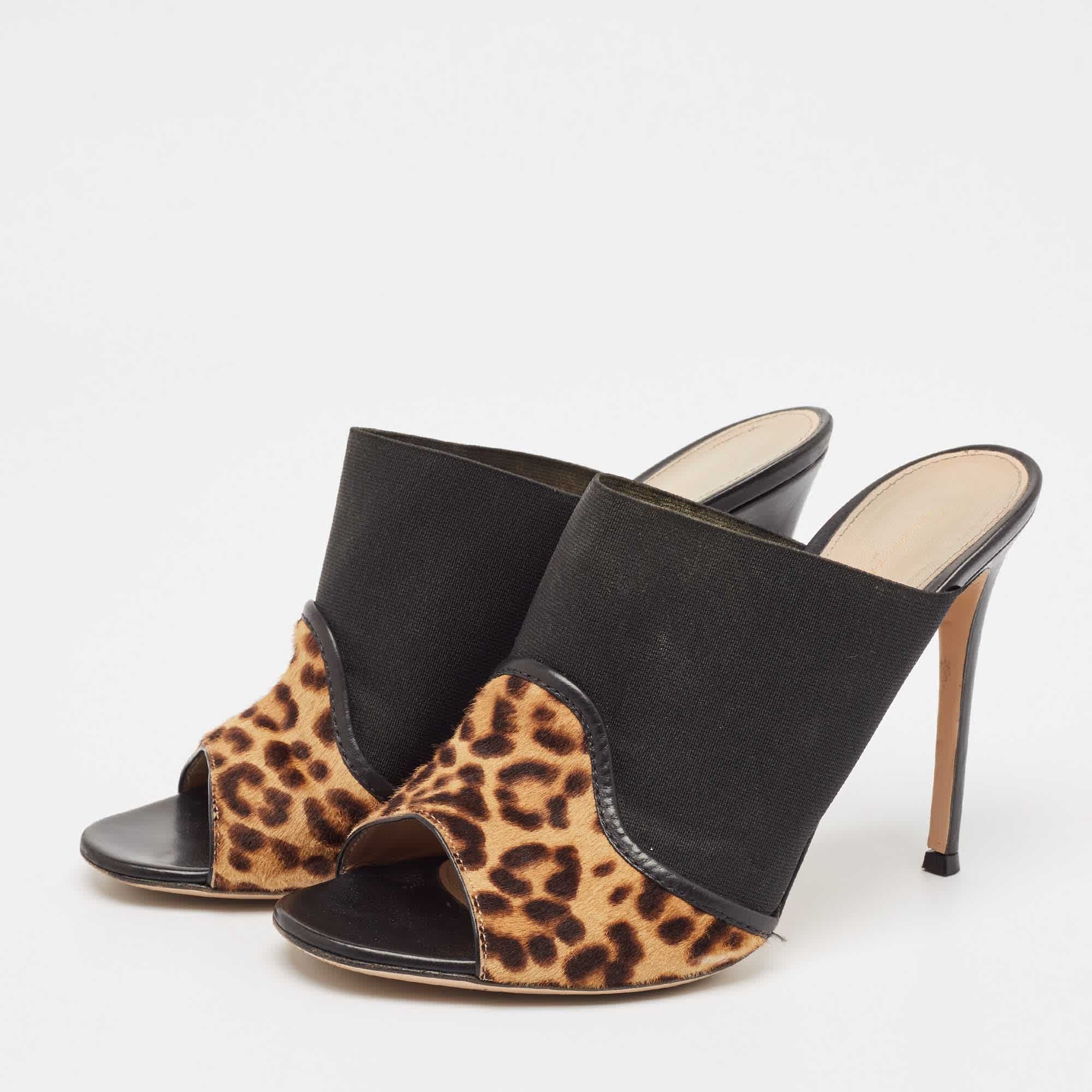 Gianvito Rossi Brown/black Leopard Print Calf Hair And Fabric Mules