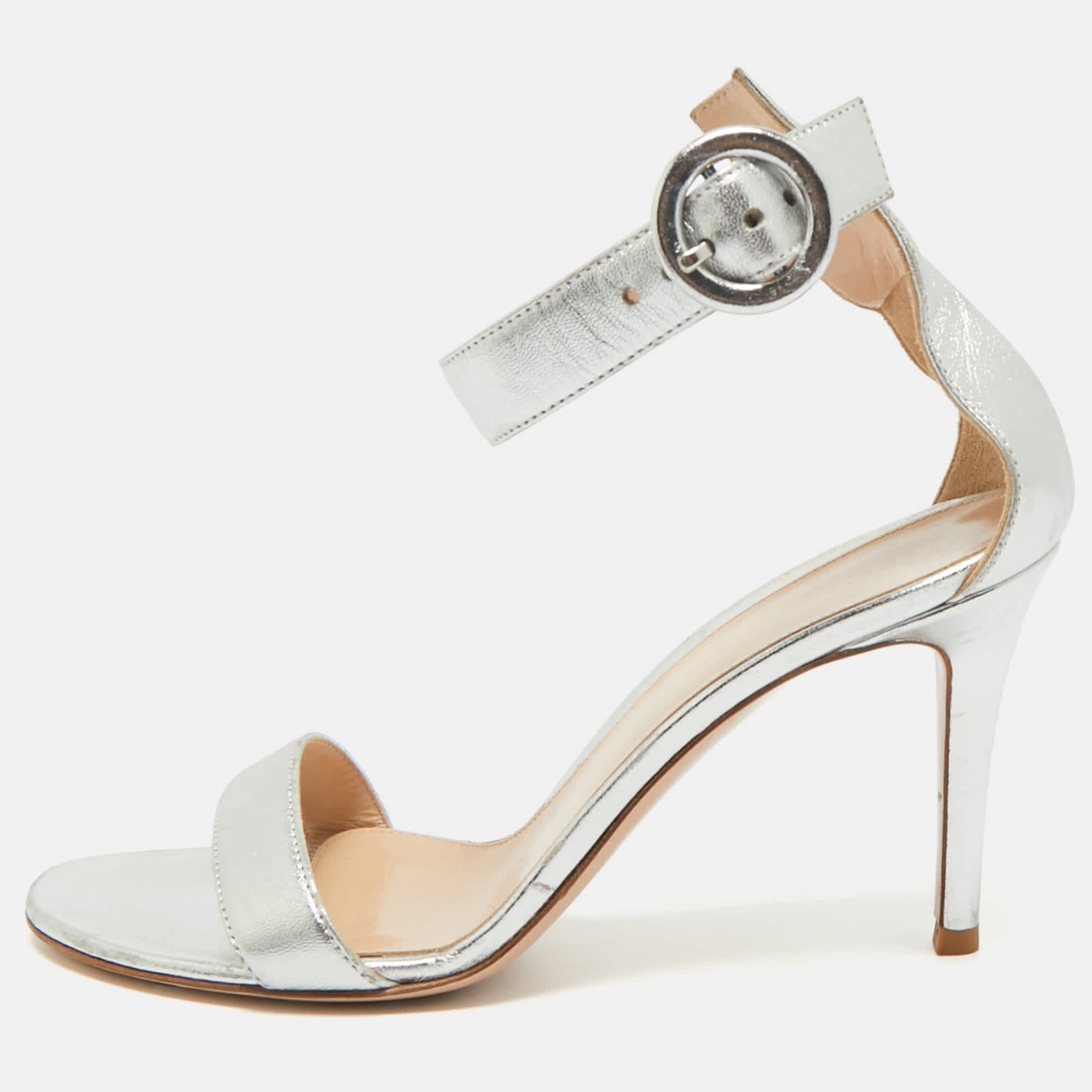 Gianvito Rossi Silver Leather Portofino Ankle Strap Sandals
