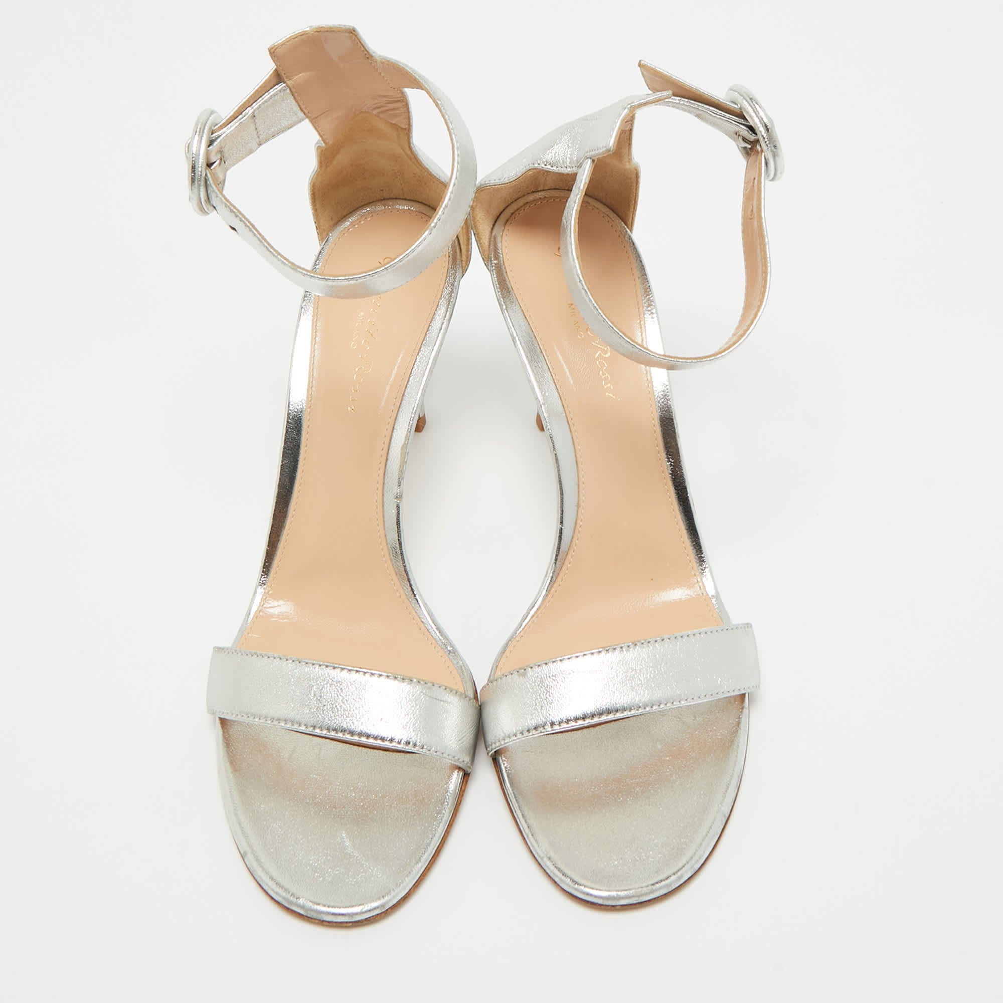 Gianvito Rossi Silver Leather Portofino Ankle Strap Sandals