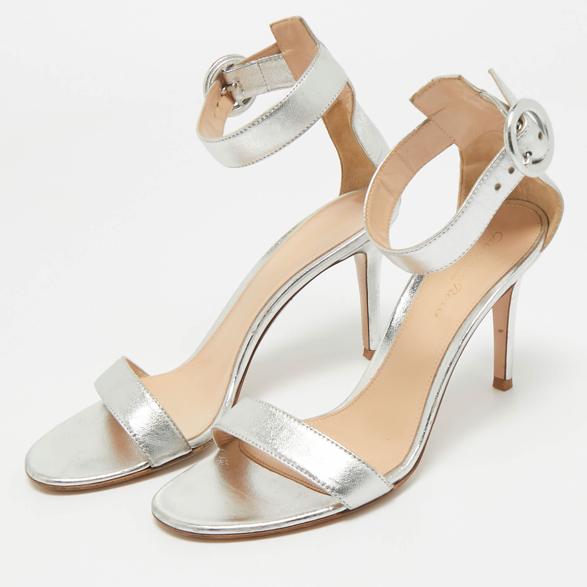 Gianvito Rossi Silver Leather Portofino Ankle Strap Sandals