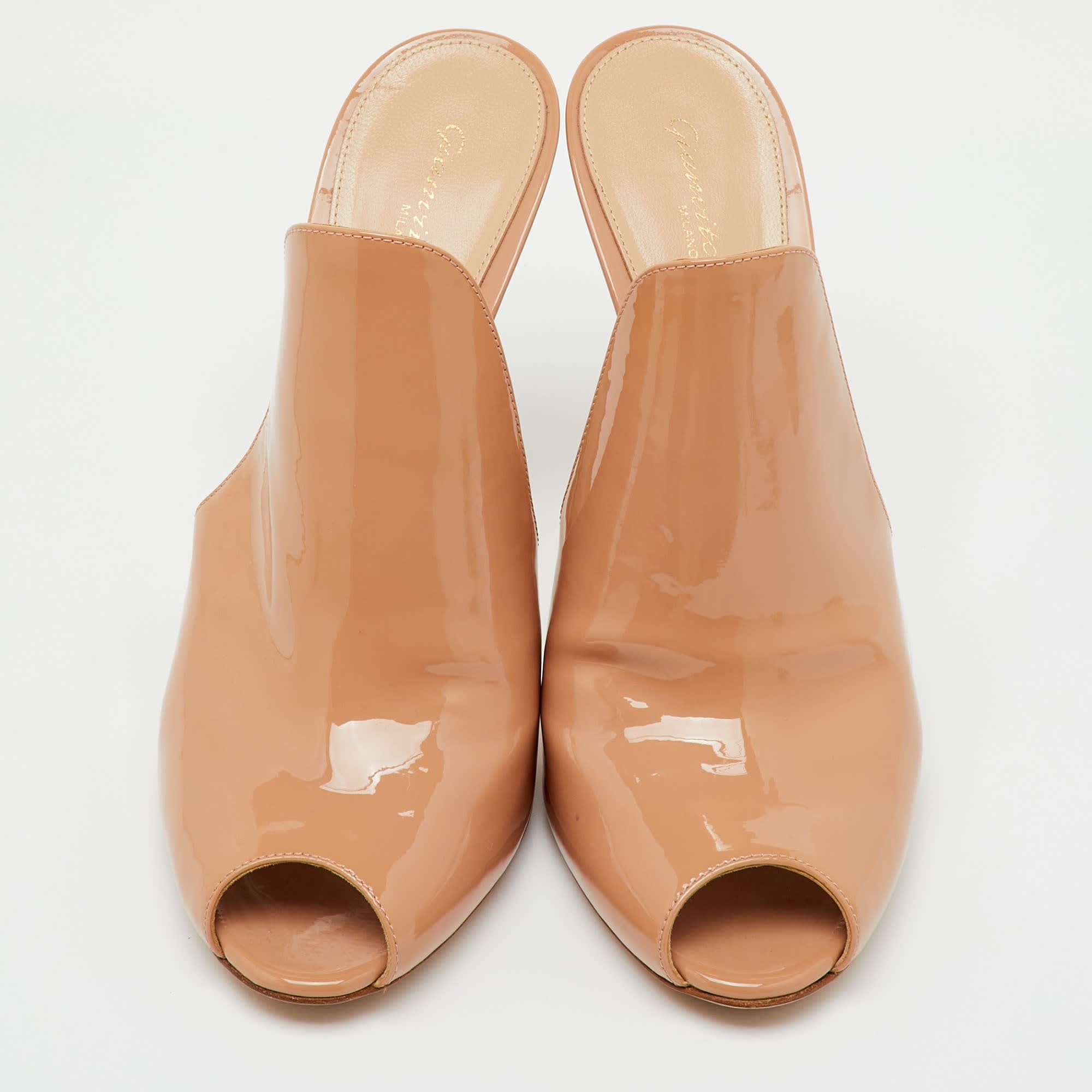 Gianvito Rossi Beige Patent Leather Peep Toe Mules