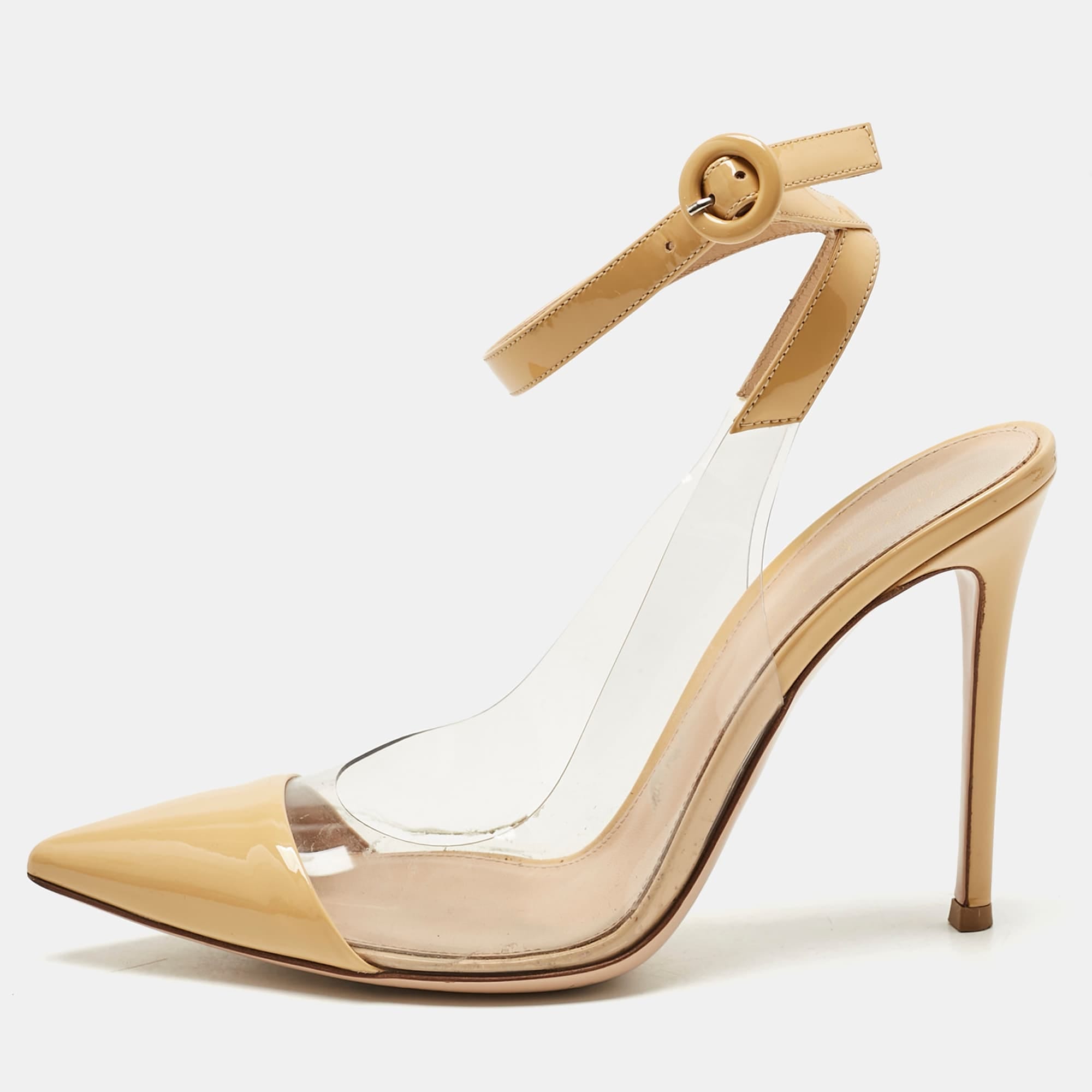 Gianvito Rossi Beige/transparent Leather And Pvc Anise Pointed Toe Ankle Strap Sandals