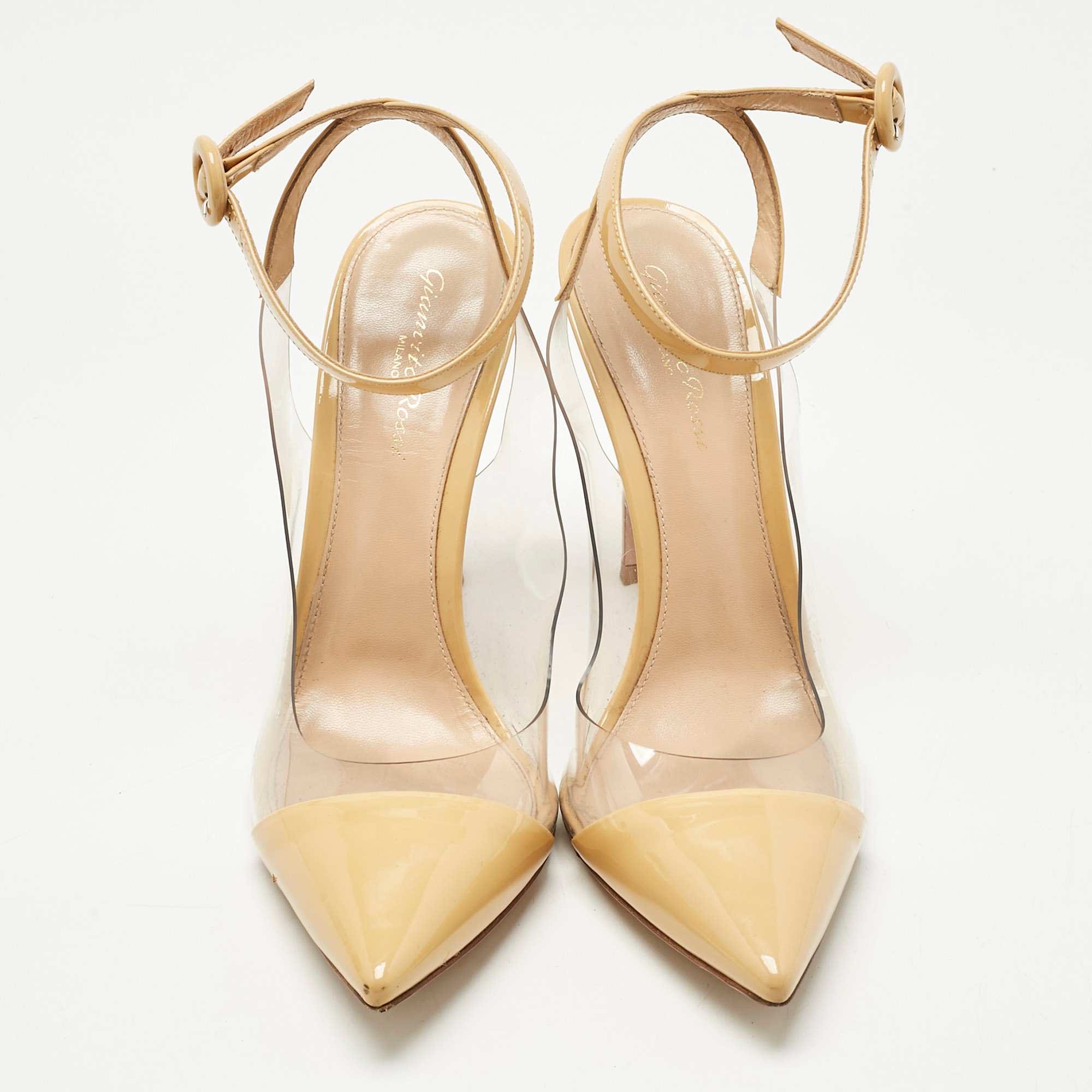 Gianvito Rossi Beige/transparent Leather And Pvc Anise Pointed Toe Ankle Strap Sandals