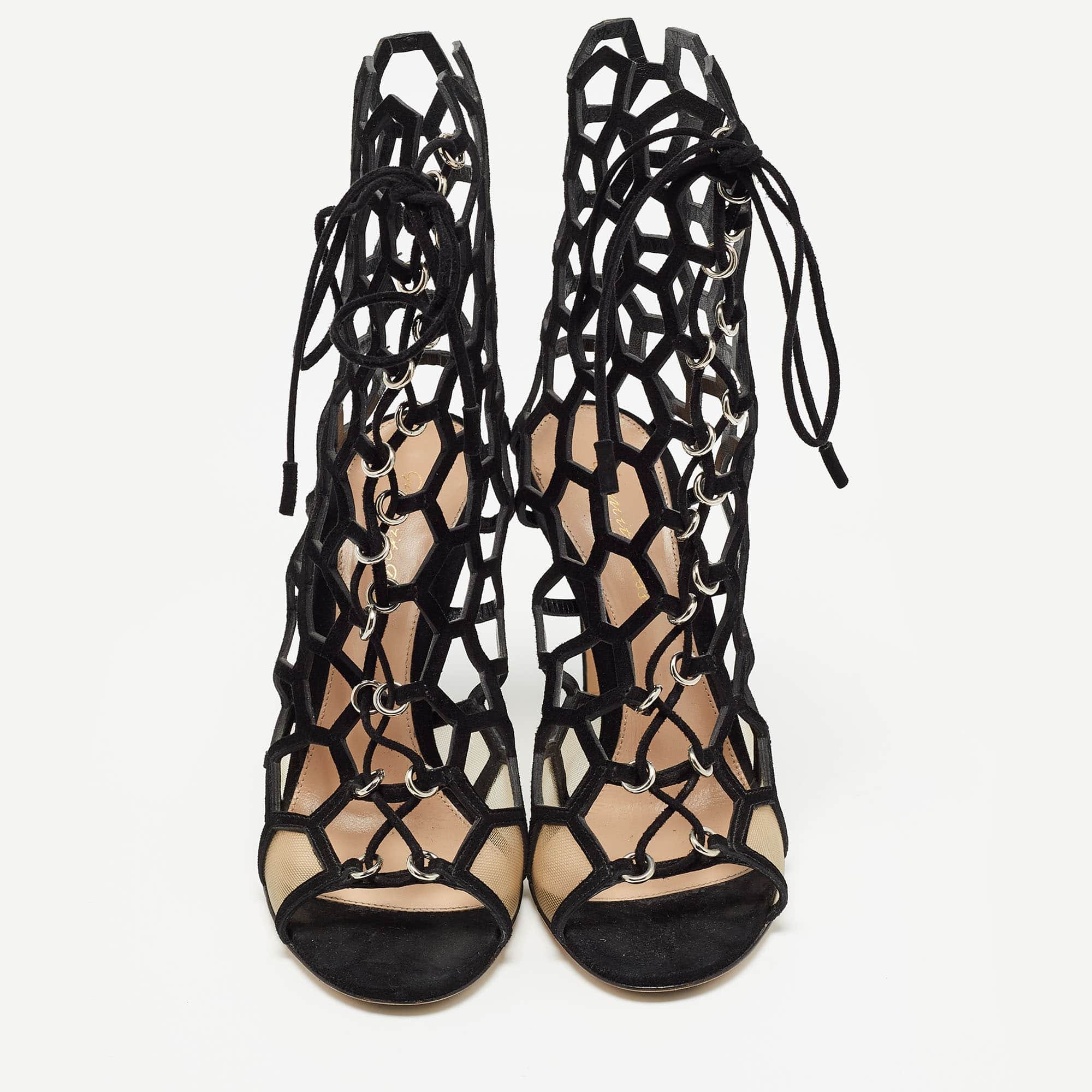 Gianvito Rossi Black Suede And Mesh Cut Out Sandals