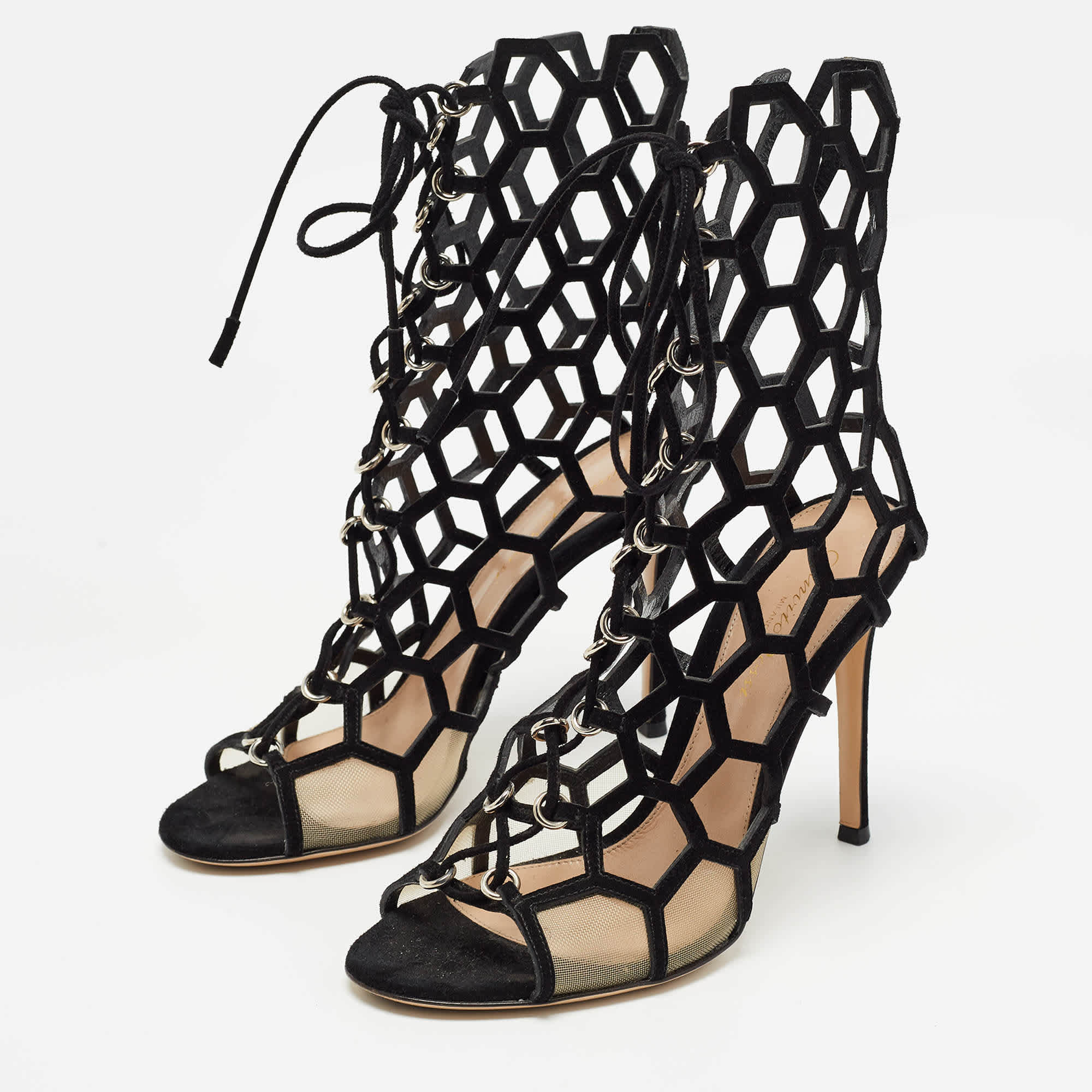 Gianvito Rossi Black Suede And Mesh Cut Out Sandals