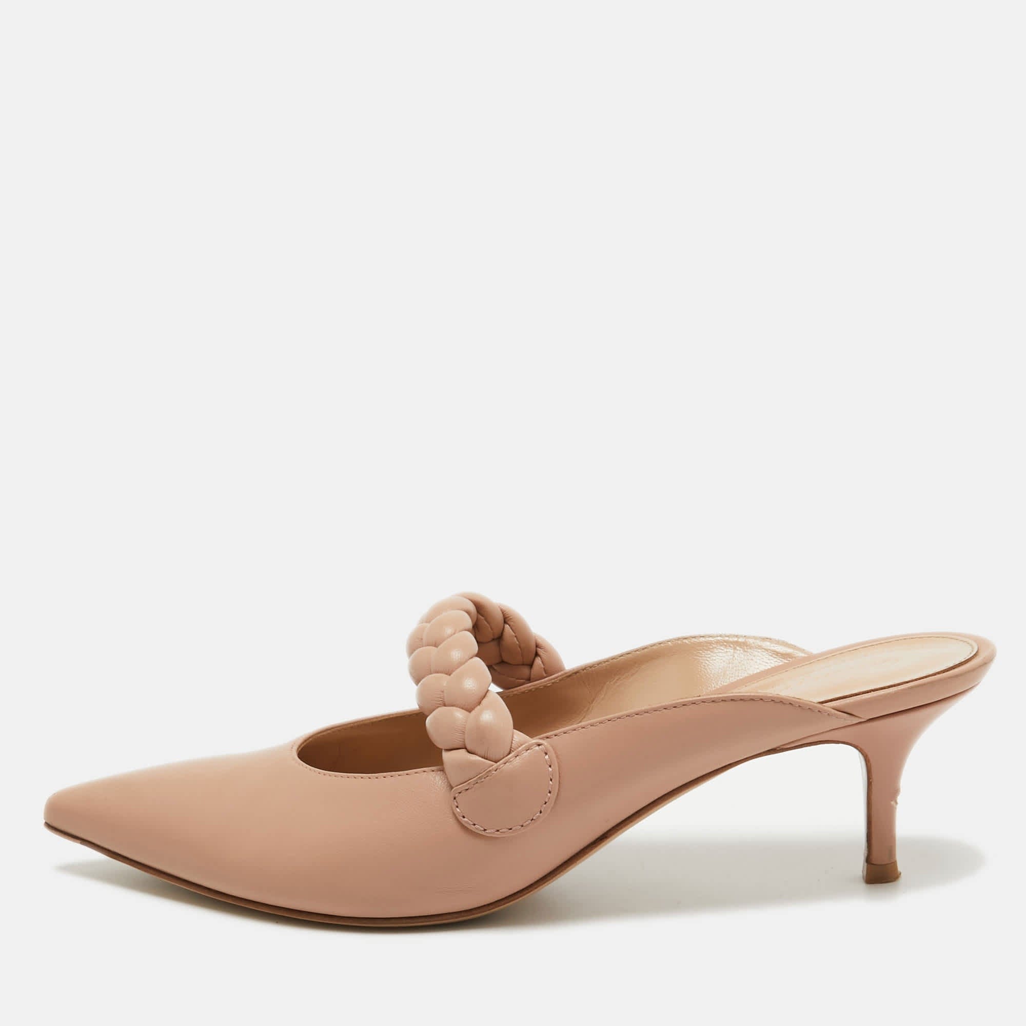 Gianvito Rossi Beige Leather Braided Pointed Toe Slide Sandals