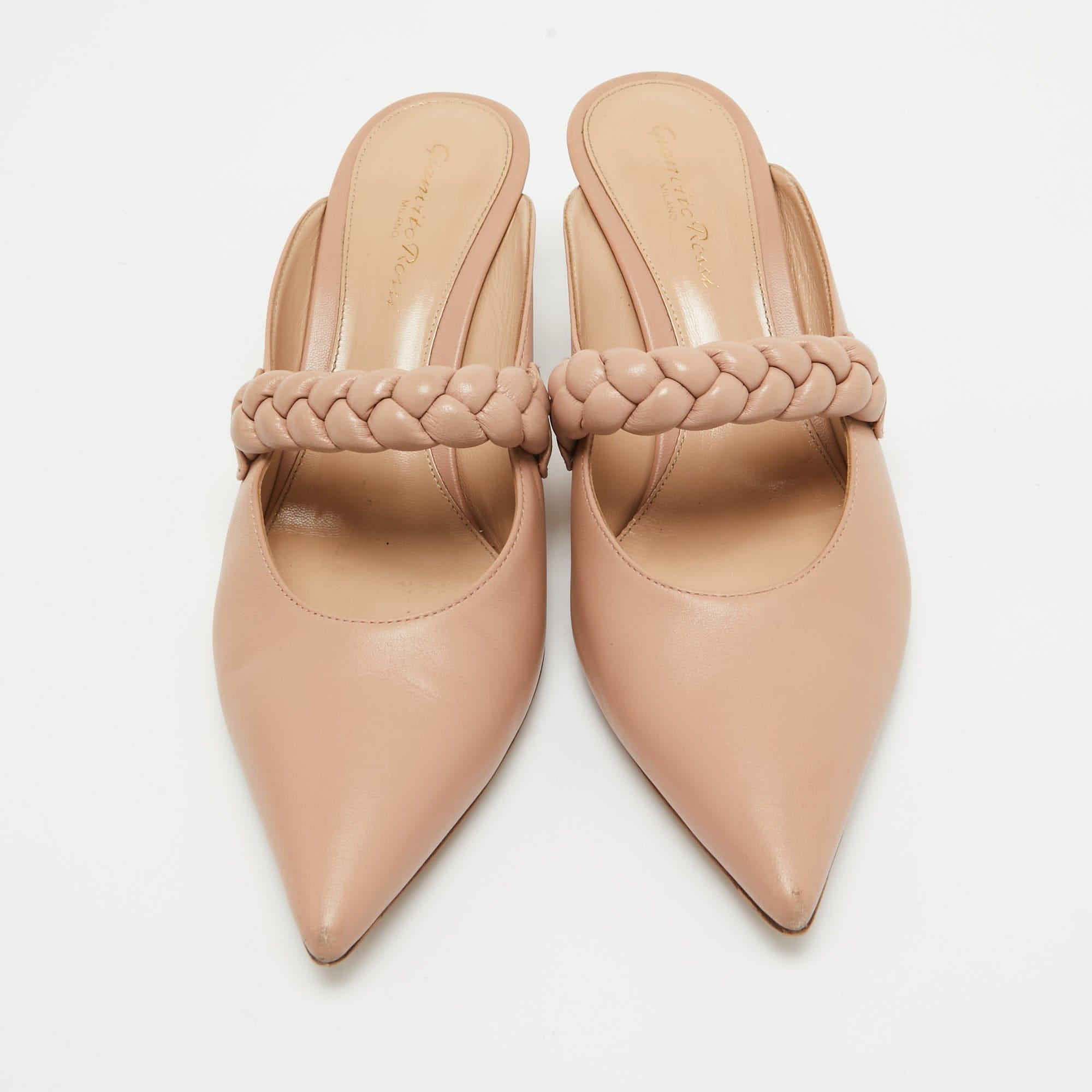 Gianvito Rossi Beige Leather Braided Pointed Toe Slide Sandals