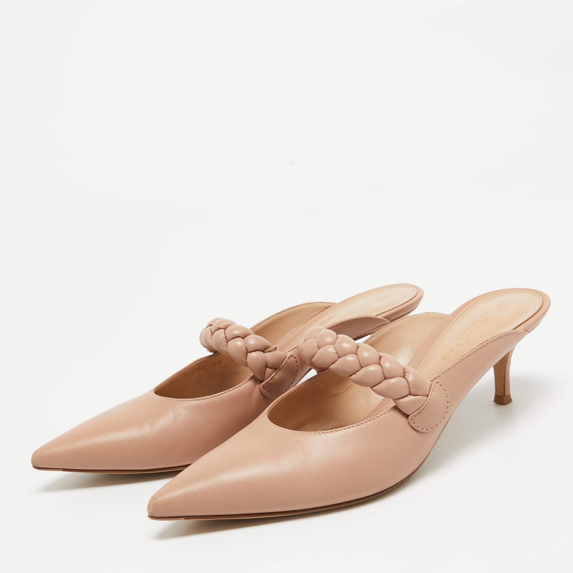 Gianvito Rossi Beige Leather Braided Pointed Toe Slide Sandals