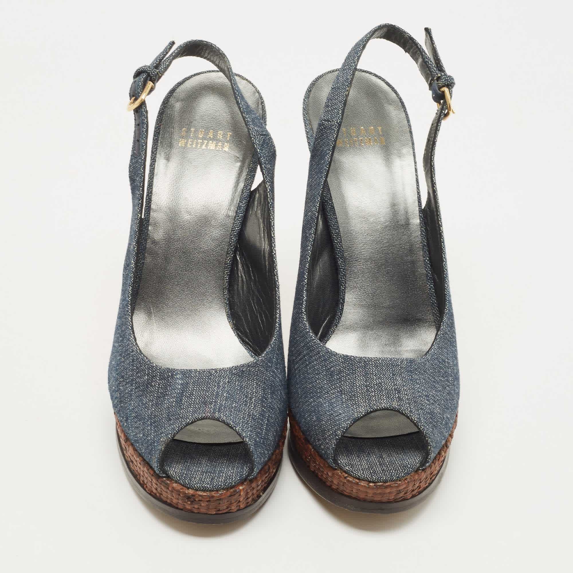 Stuart Weitzman Blue Denim Peep Toe Platform Slingback Sandals