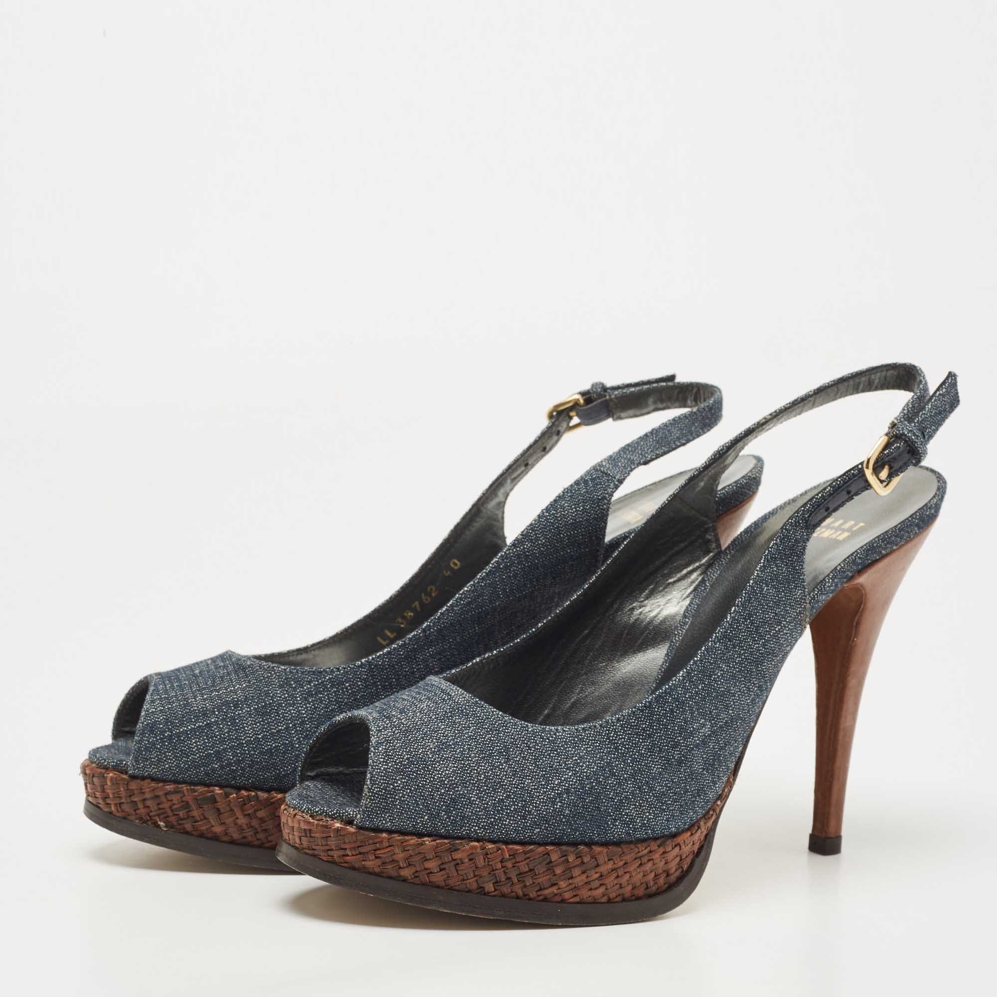 Stuart Weitzman Blue Denim Peep Toe Platform Slingback Sandals