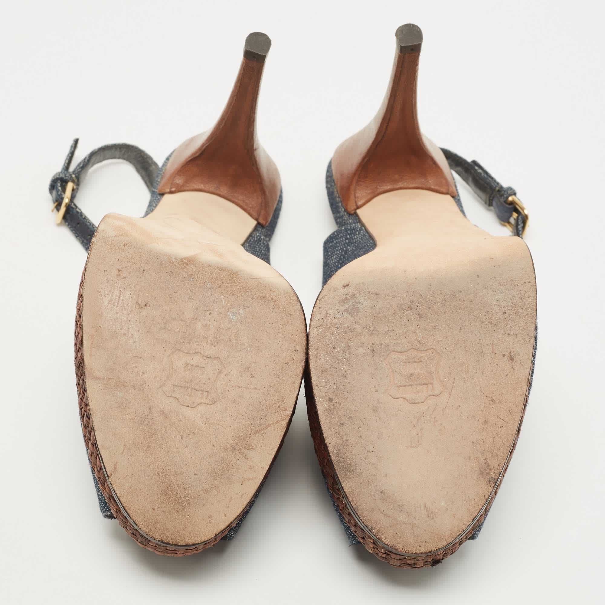 Stuart Weitzman Blue Denim Peep Toe Platform Slingback Sandals