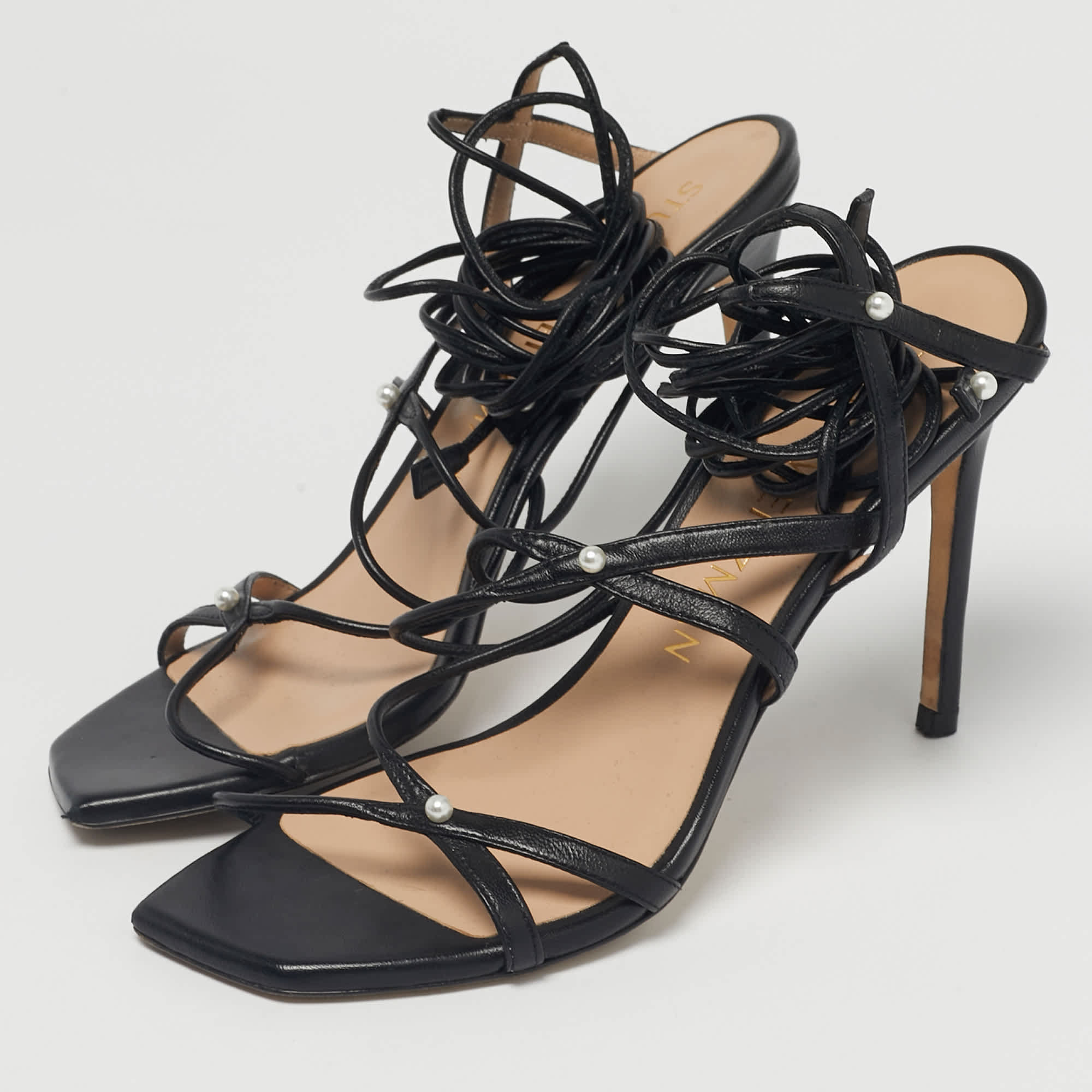 Stuart Weitzman Black Leather Ankle Wrap Sandals