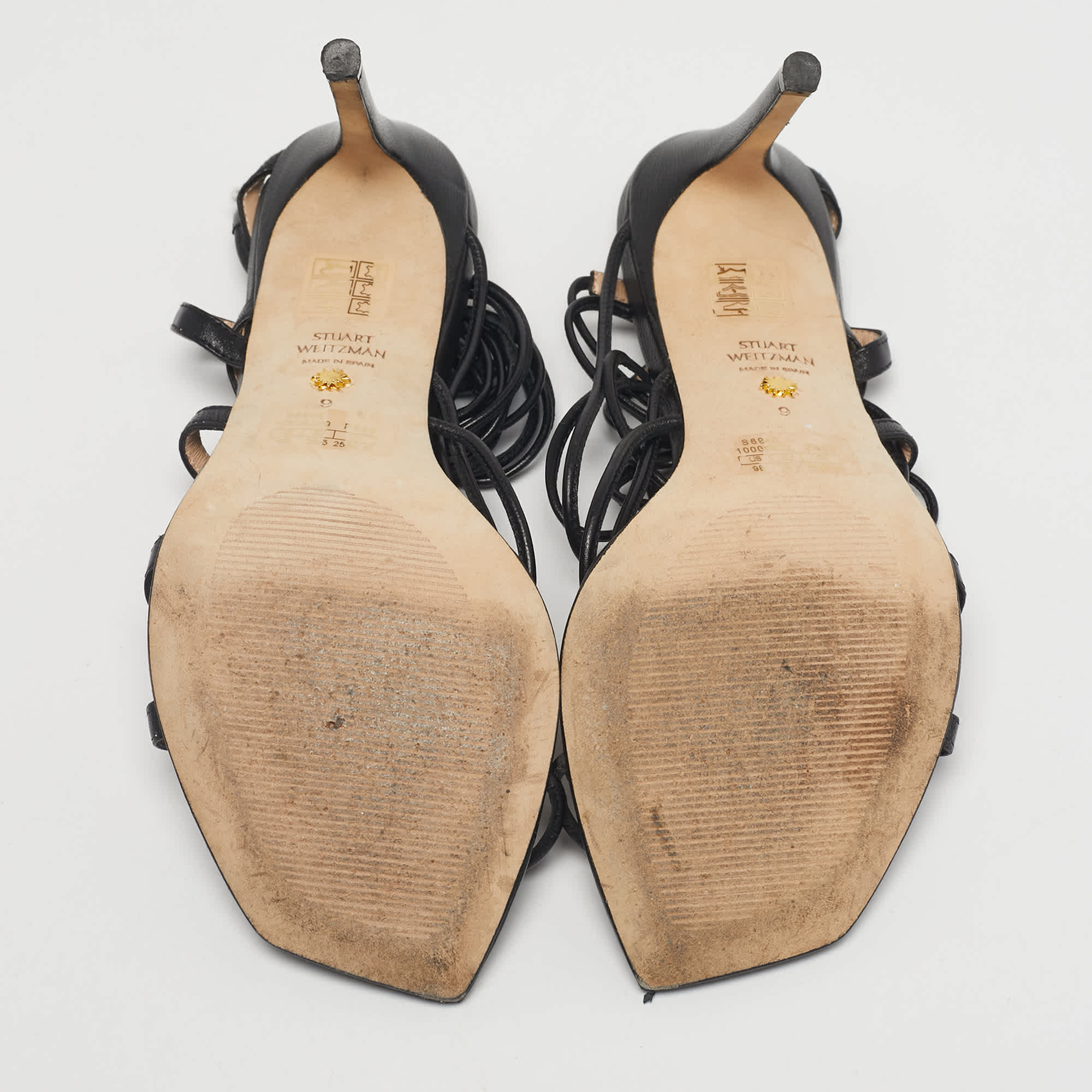 Stuart Weitzman Black Leather Ankle Wrap Sandals