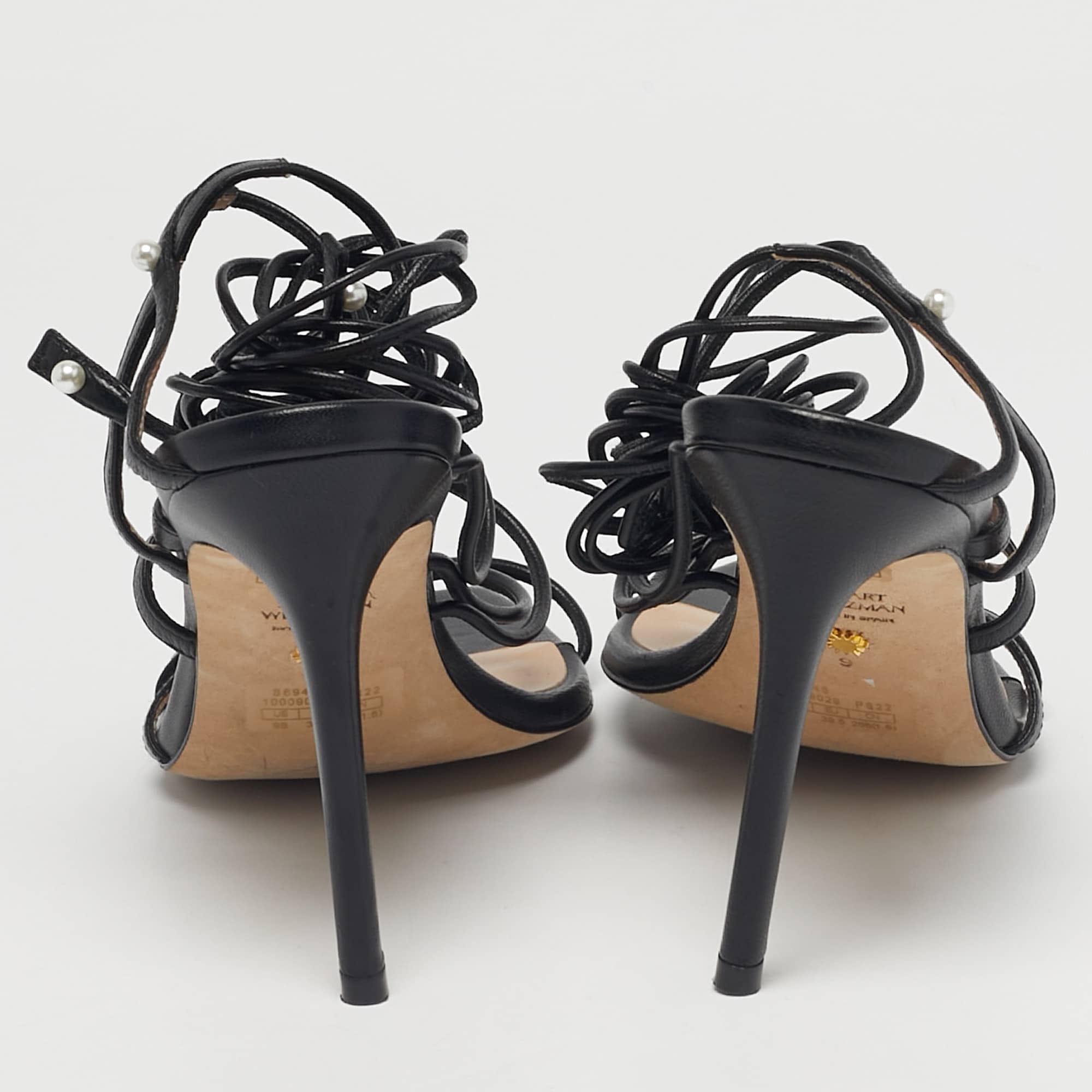 Stuart Weitzman Black Leather Ankle Wrap Sandals