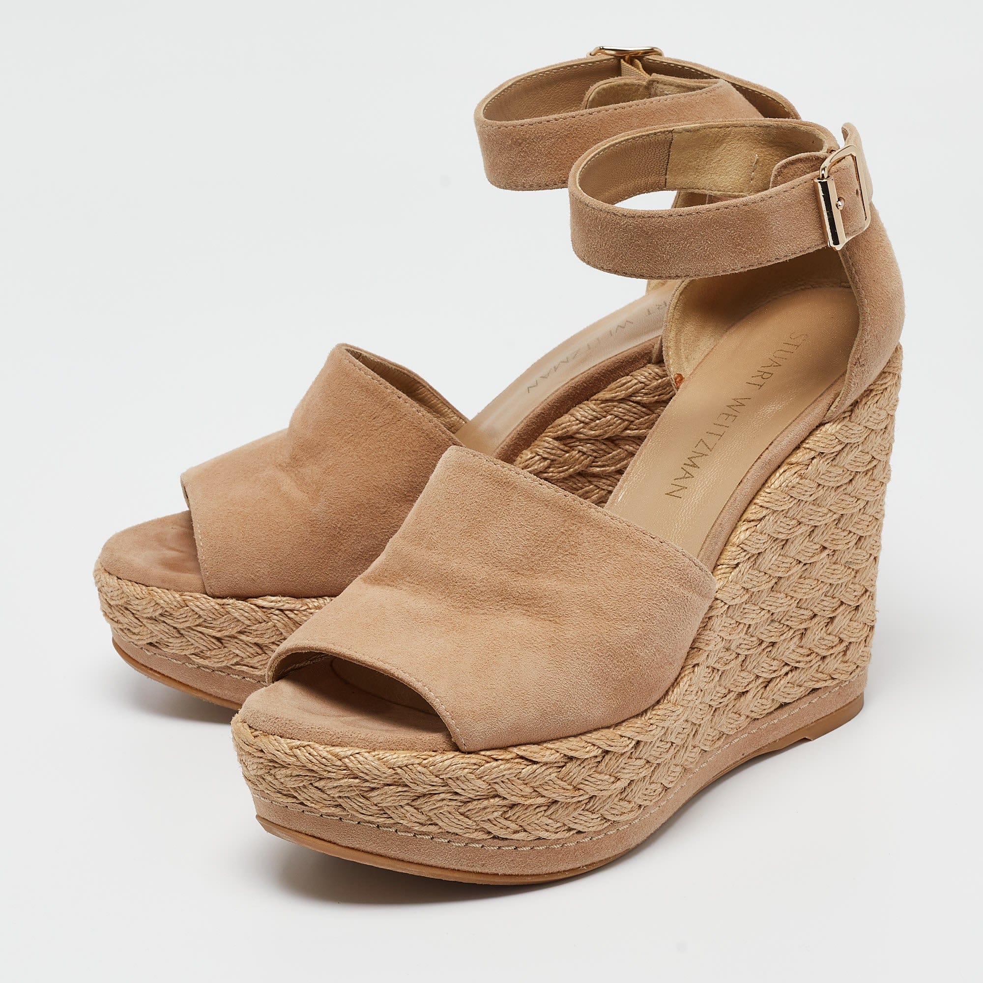 Stuart Weitzman Beige Suede Ankle Strap Platform Espadrille Sandals