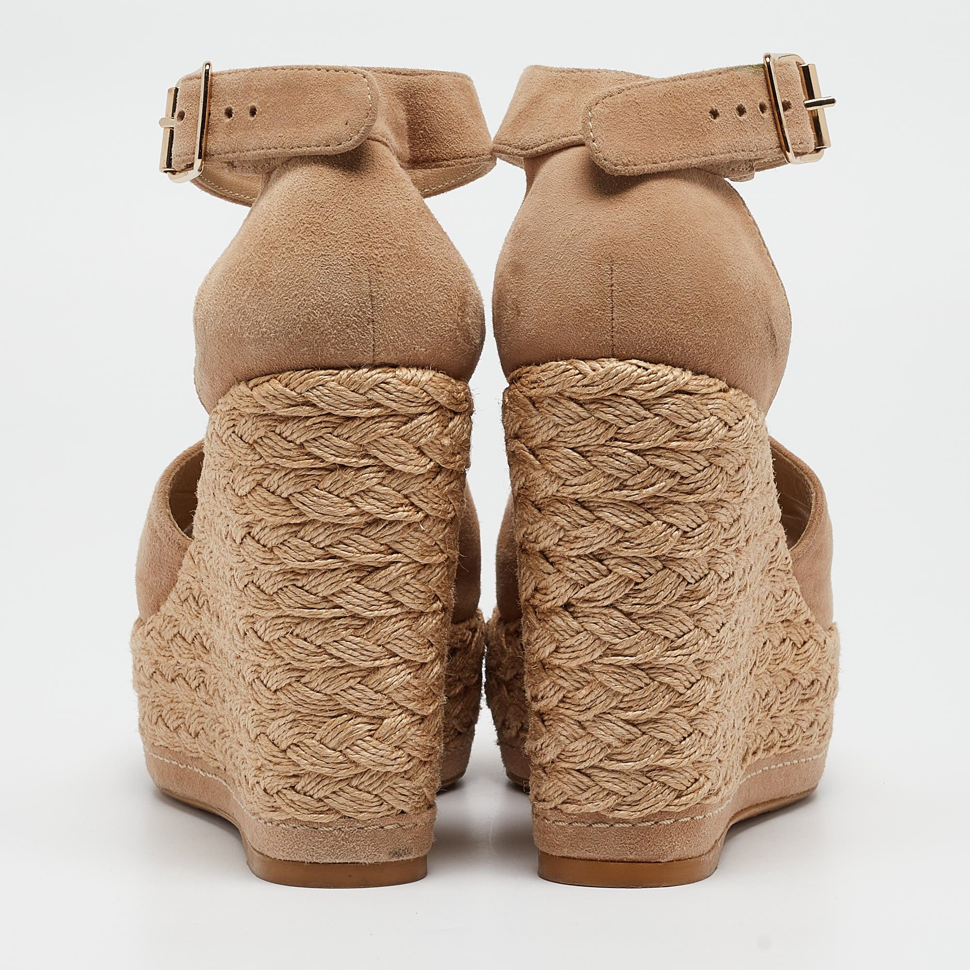 Stuart Weitzman Beige Suede Ankle Strap Platform Espadrille Sandals