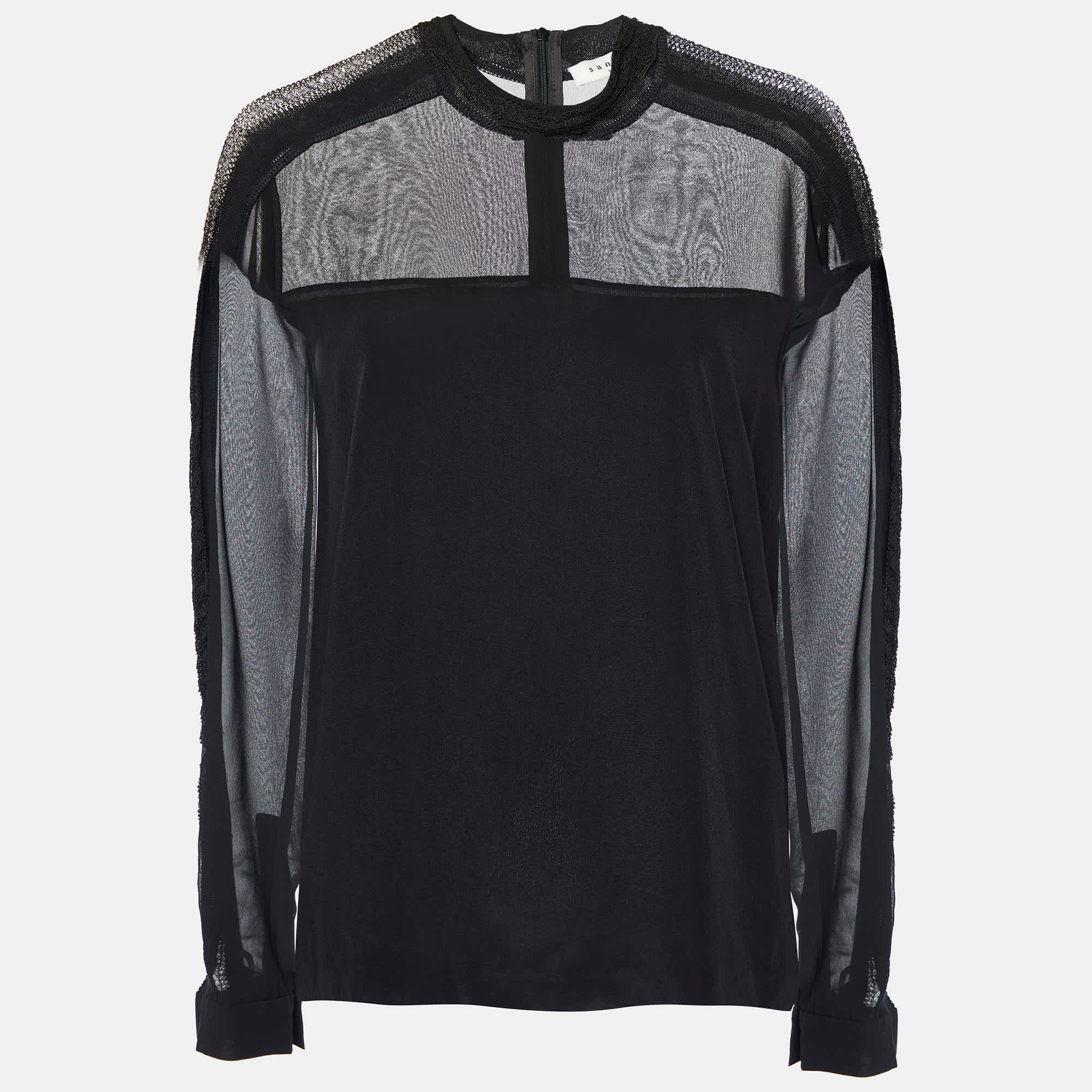 Sandro Black Silk & Knit Paneled Long Sleeve Top